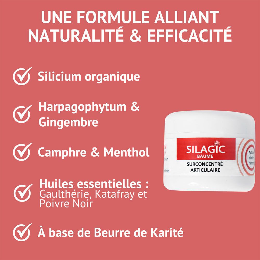 Silagic Baume Articulaire : Silicium, Harpagophytum, Camphre, Menthol, huiles essentielles, beurre de Karité.
