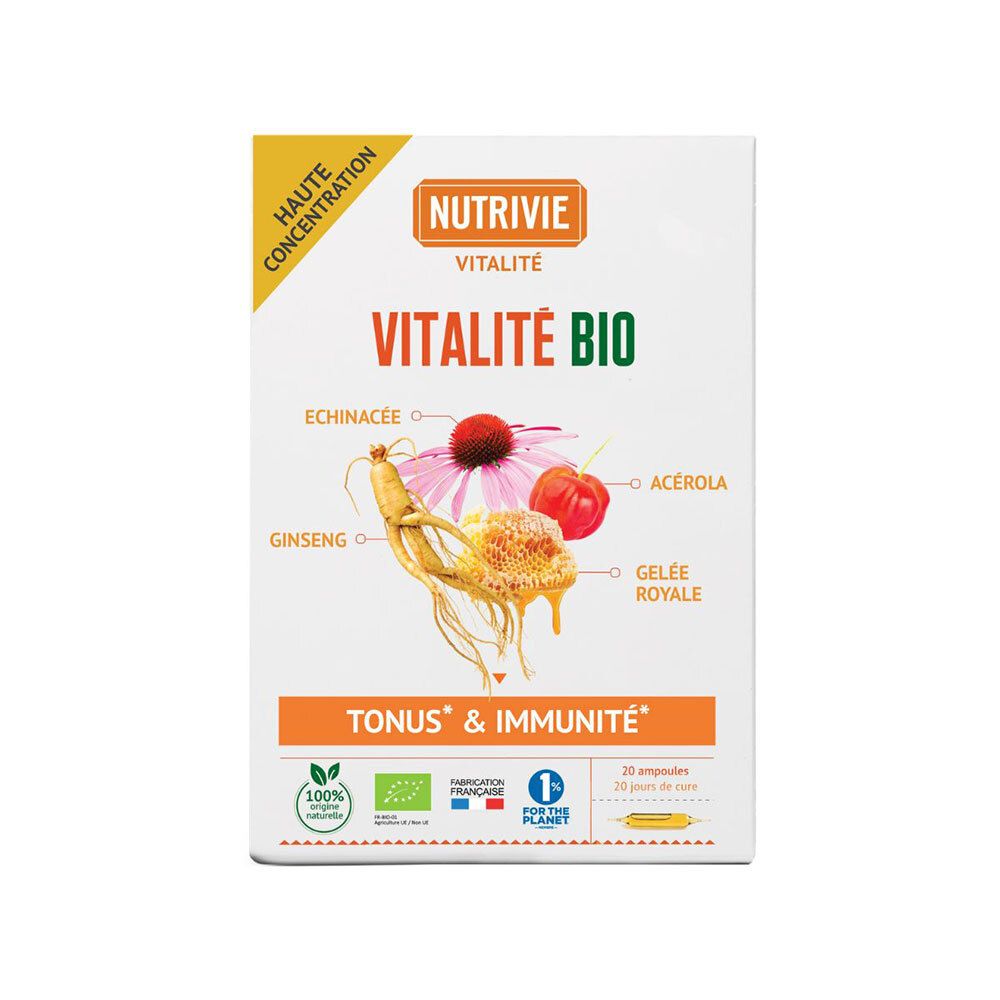 Nutrivie Vitalité Bio : boîte avec illustrations de ginseng, échinacée, acérola et gelée royale.