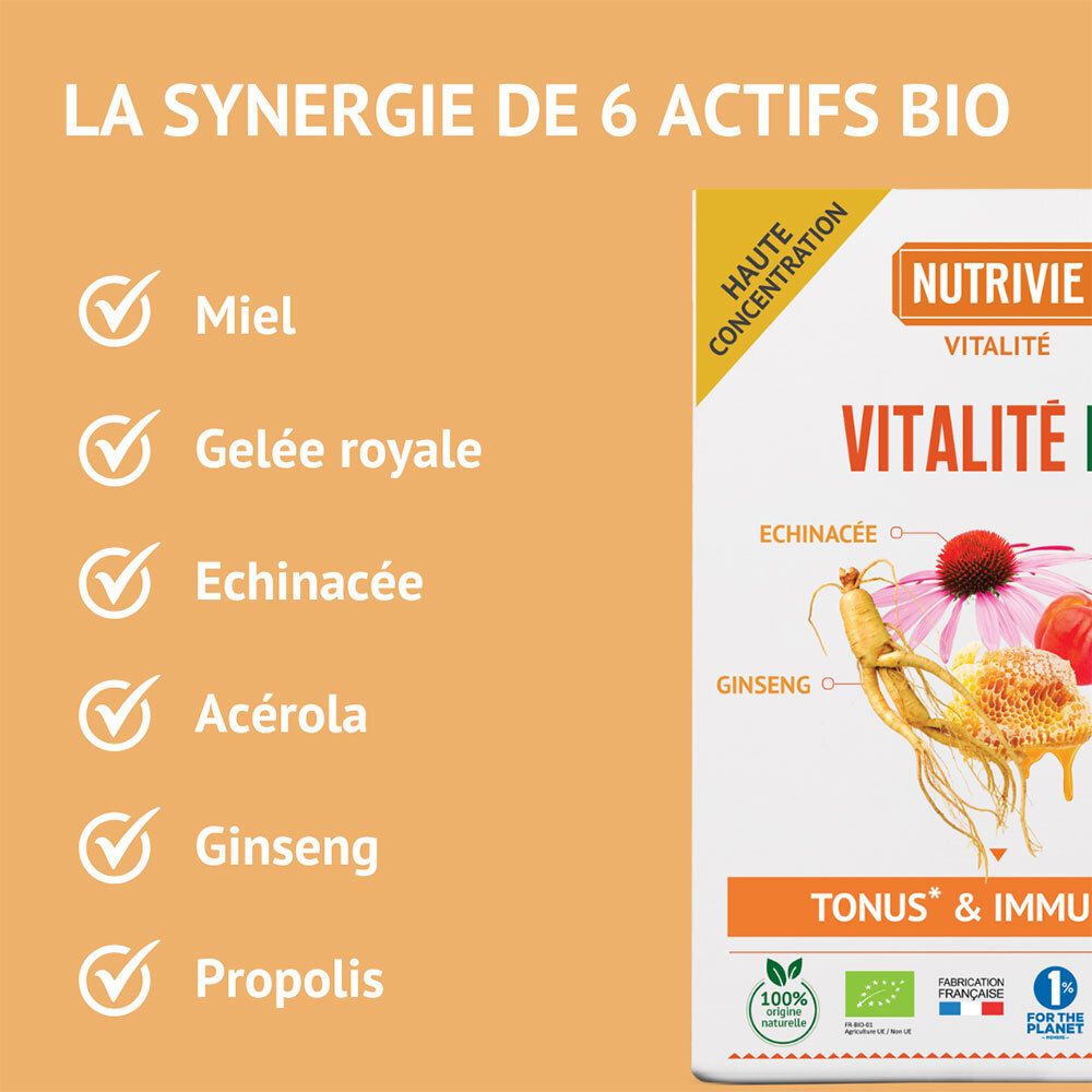 Nutrivie Vitalité Bio : liste des 6 actifs bio : miel, gelée royale, échinacée, acérola, ginseng, propolis.