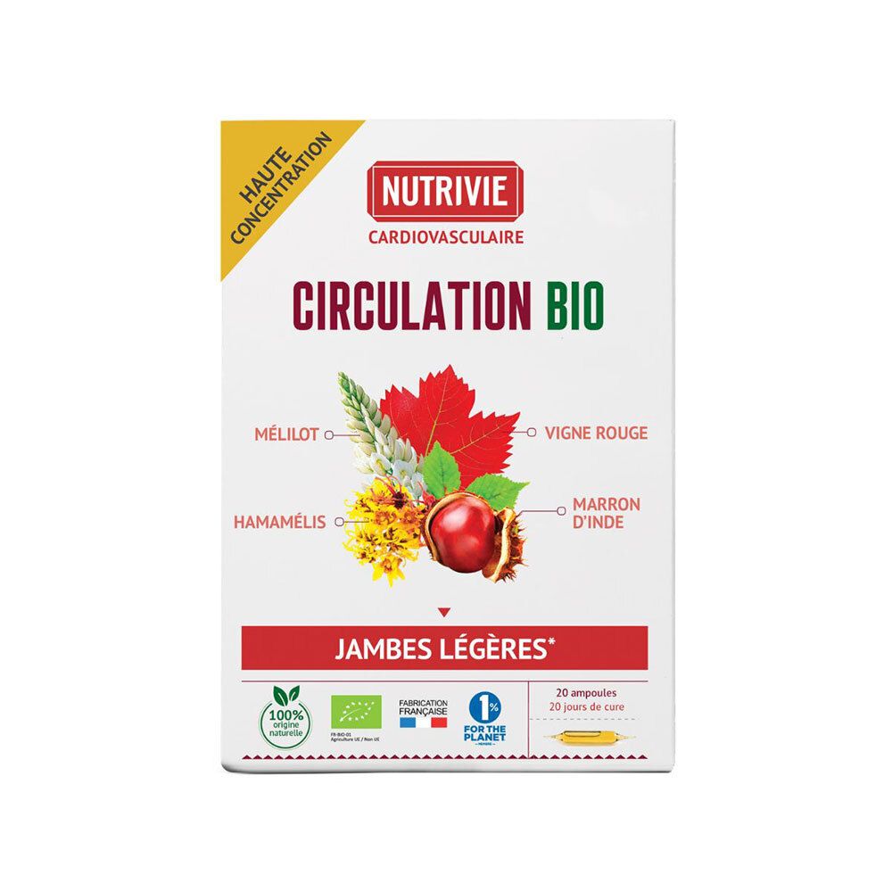 Nutrivie Circulation Bio: Boîte de 20 ampoules pour jambes légères. Contient des extraits d'hamamélis, vigne rouge, marron d'Inde et mélilot.