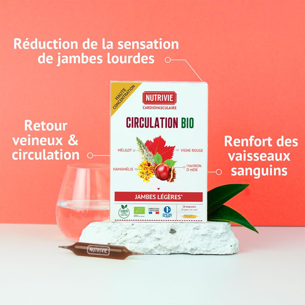 Nutrivie Circulation Bio boîte de 20 ampoules pour réduire la sensation de jambes lourdes et renforcer les vaisseaux.