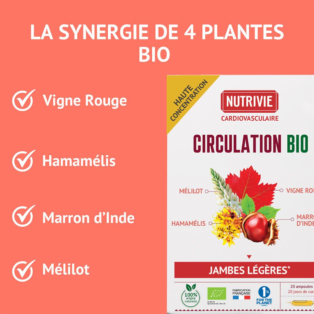 Nutrivie Circulation Bio: La synergie de 4 plantes bio: Vigne rouge, Hamamélis, Marron d'Inde, Mélilot.