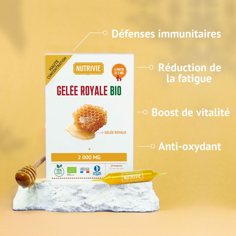 Nutrivie Gelée Royale Bio: Boîte avec rayon de miel, gelée royale, 2000 mg et ampoule.