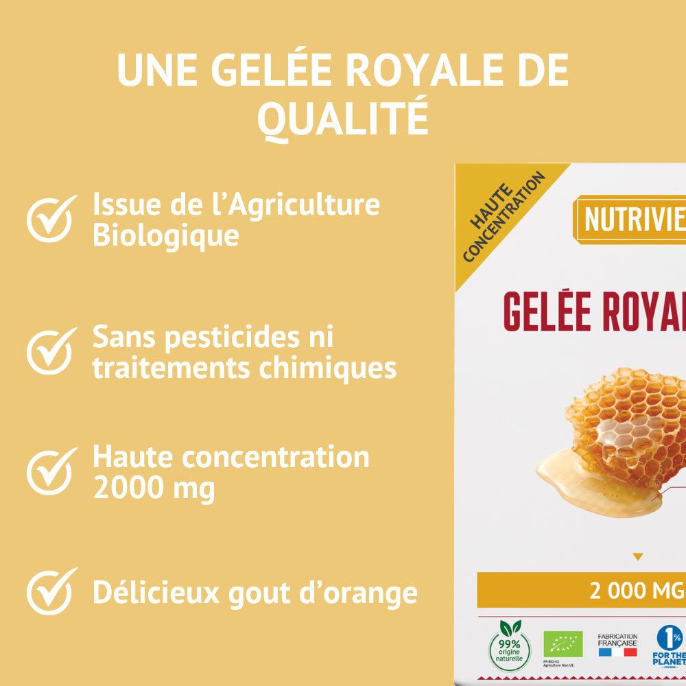 Nutrivie Gelée Royale Bio: Boîte avec rayon de miel, gelée royale, 2000 mg, label bio et fabrication française.