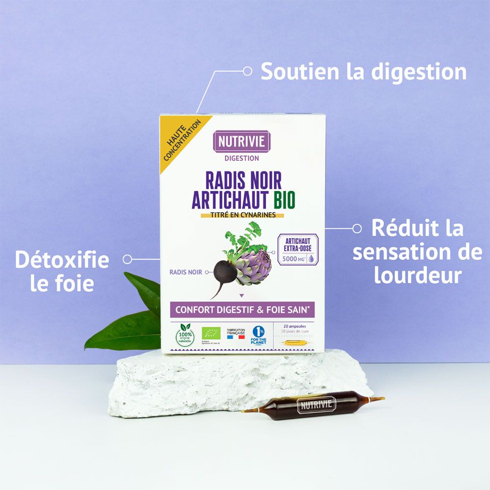 Boîte NUTRIVIE Radis Noir Artichaut BIO avec ampoule et indications digestion/foie.