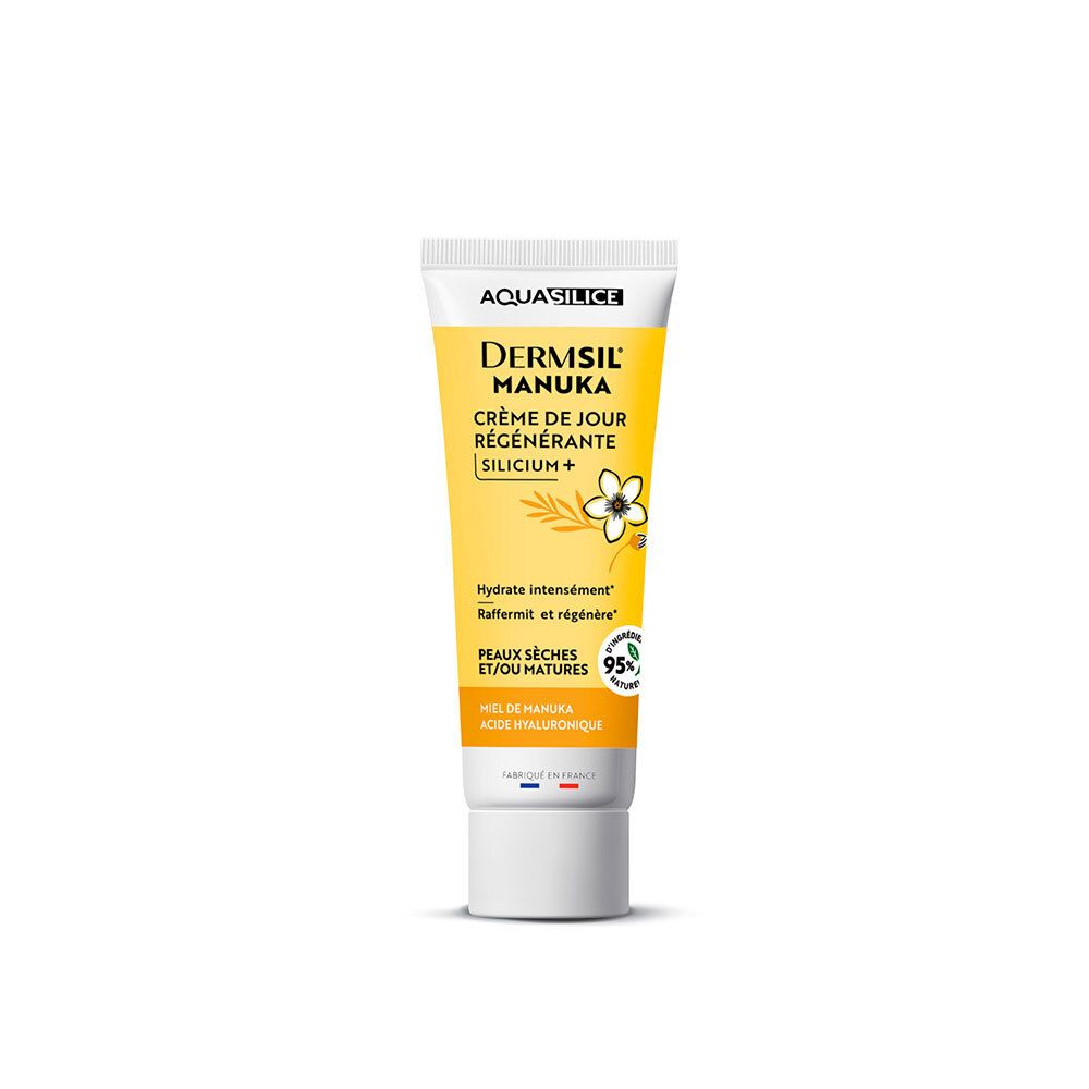 Tube de crème AQUASILICE DERMSIL MANUKA avec bouchon blanc. Face avant jaune avec motif floral et céréalier.