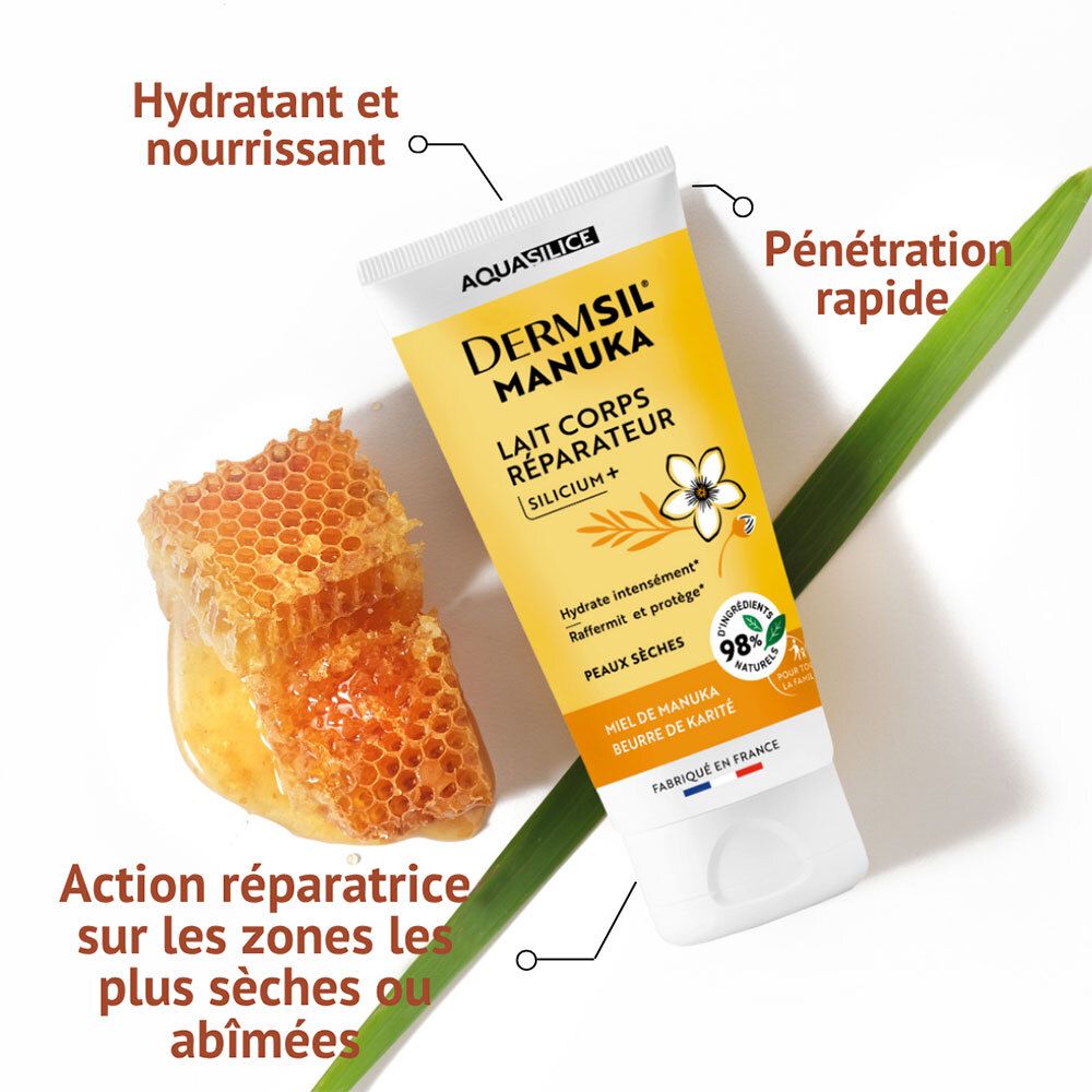 Tube de Lait Corps Réparateur Dermsil Manuka AQUASILICE, avec rayon de miel et feuille.