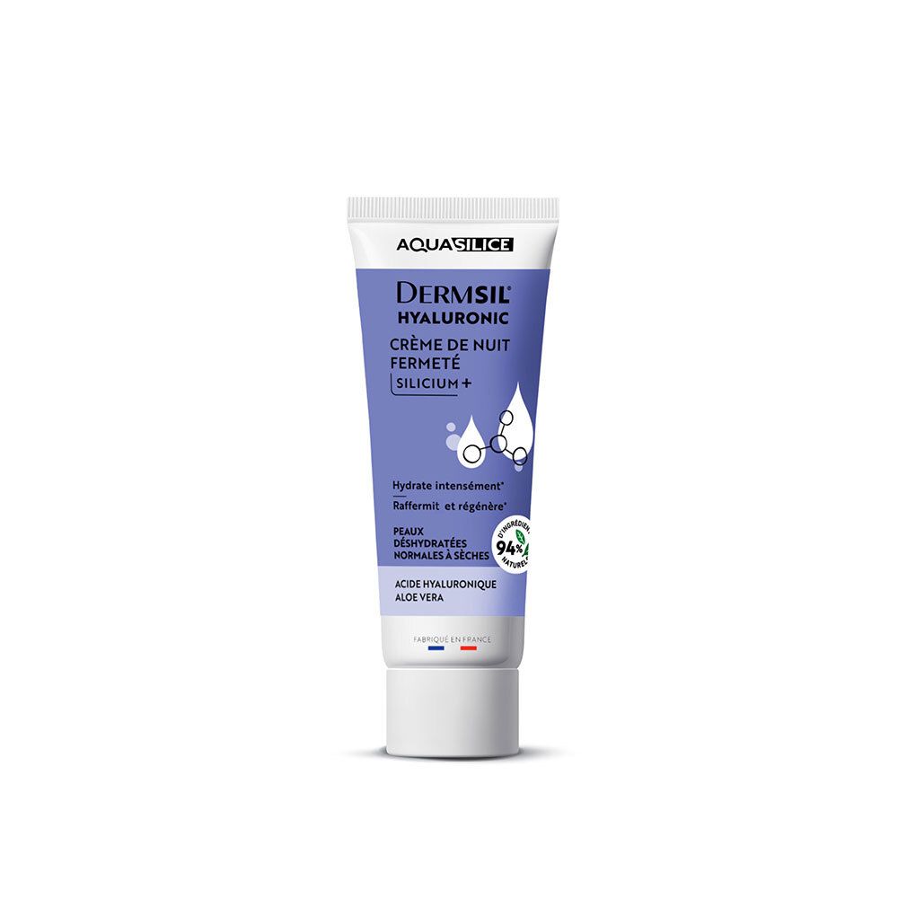 Crème de nuit Aquasilice Dermsil Hyaluronic dans un tube violet avec bouchon blanc.