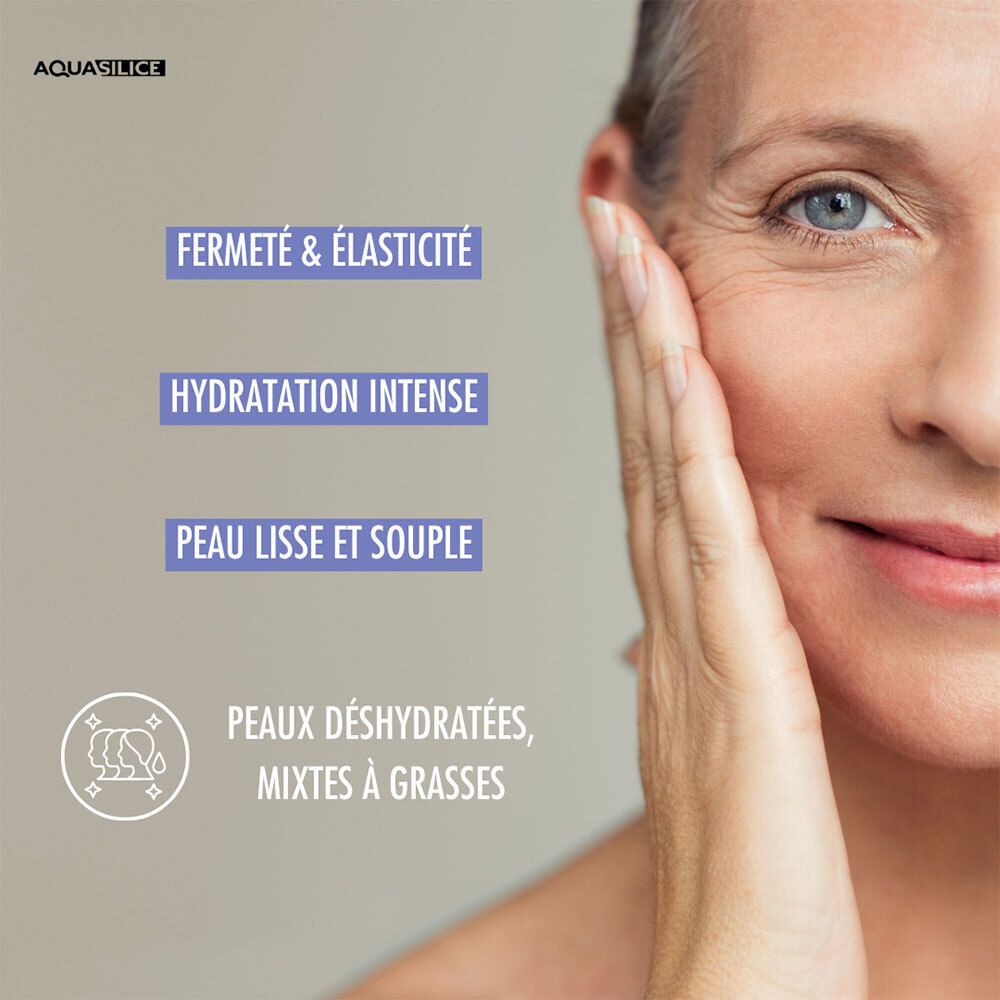 Gros plan d'une femme touchant sa joue, avec des zones de texte mettant en évidence les avantages tels que la fermeté et l'hydratation intense.