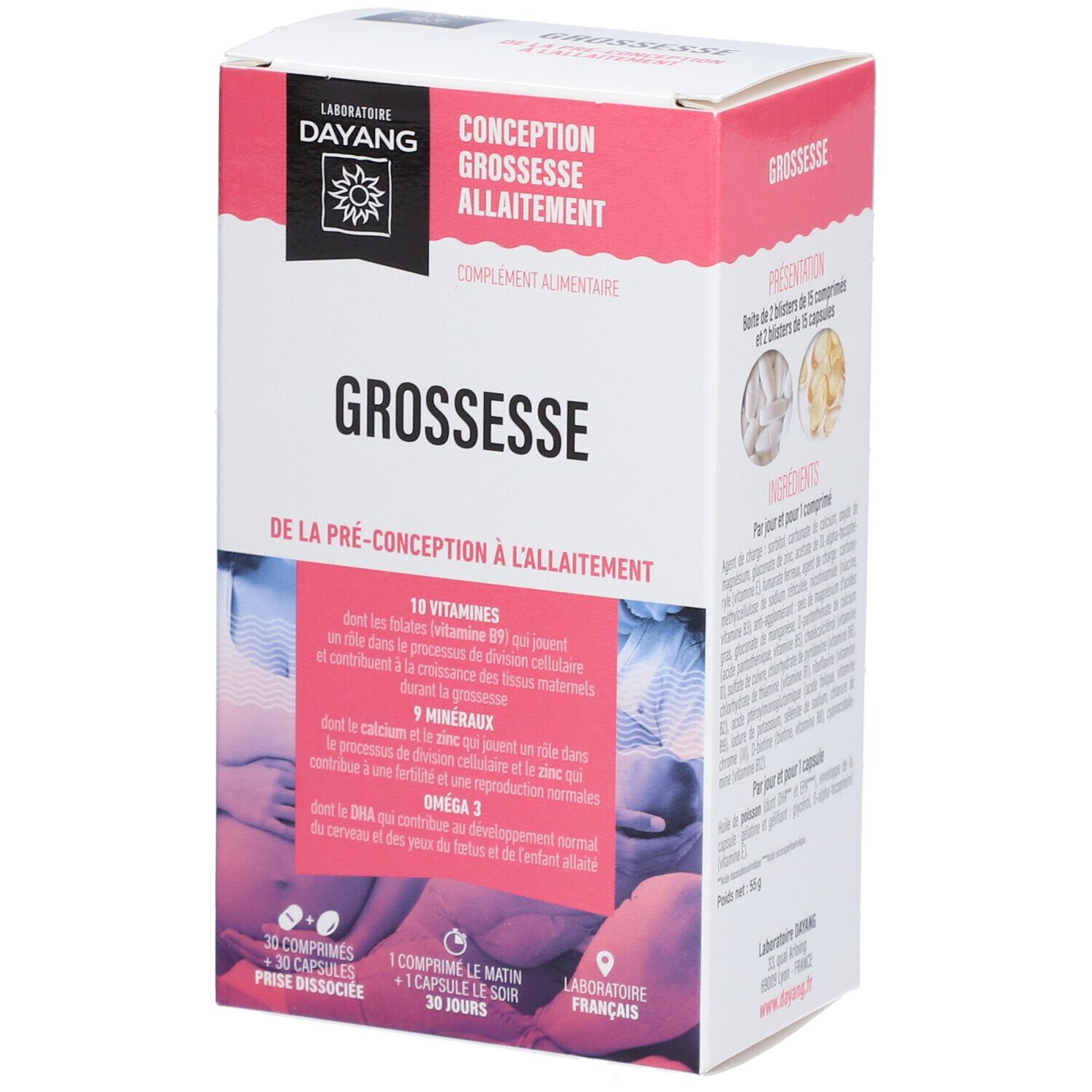 Boîte DAYANG Grossesse 1 mois. Emballage rose et blanc avec informations produit et logo.