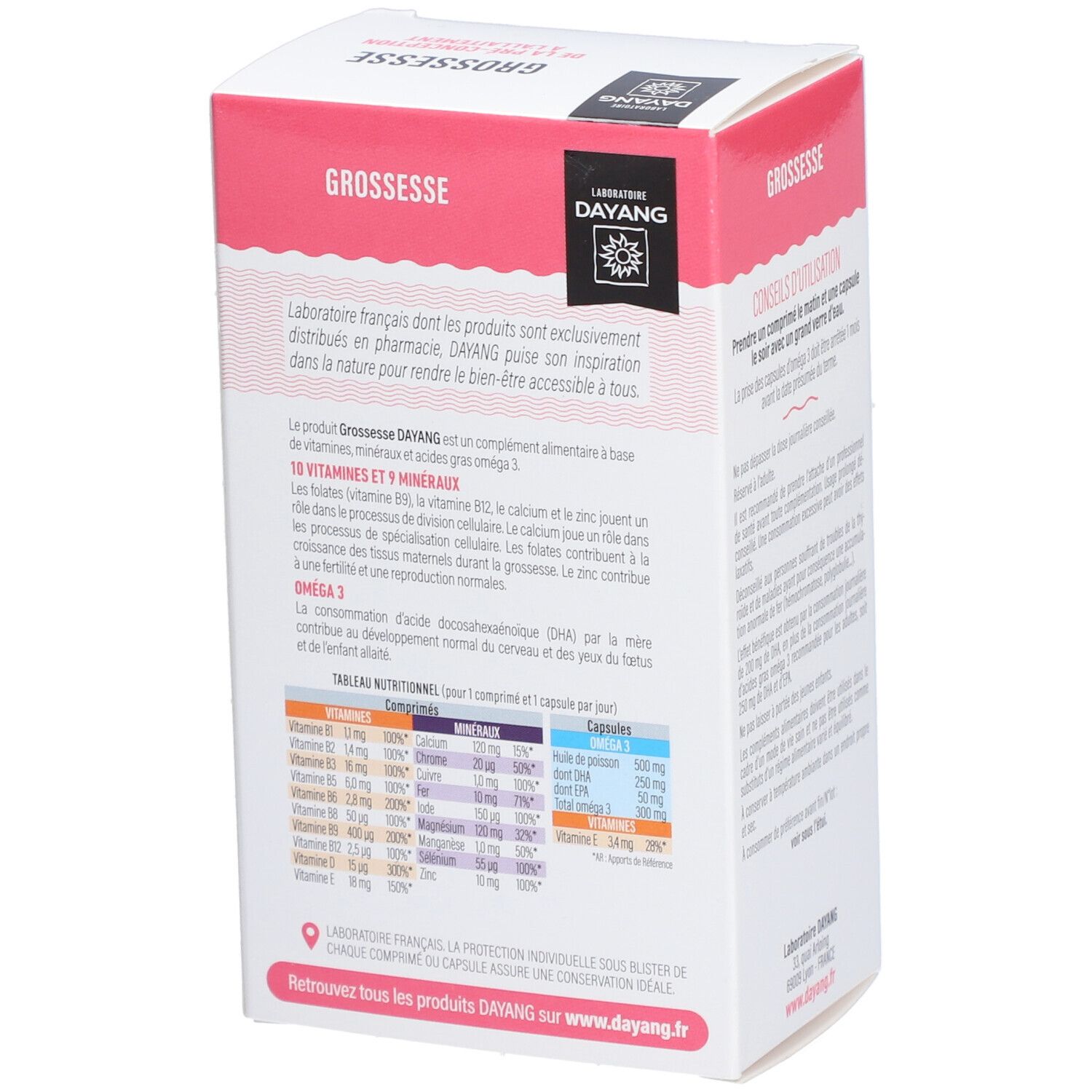 Dos de la boîte DAYANG Grossesse 1 mois. Informations sur les ingrédients et les valeurs nutritionnelles.