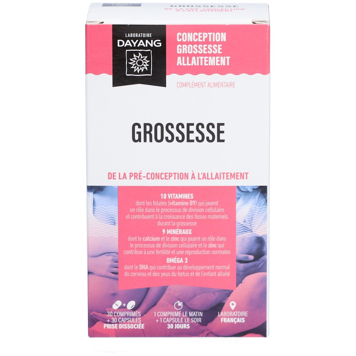 Face avant de la boîte DAYANG Grossesse 1 mois. Nom du produit et logo bien visibles.