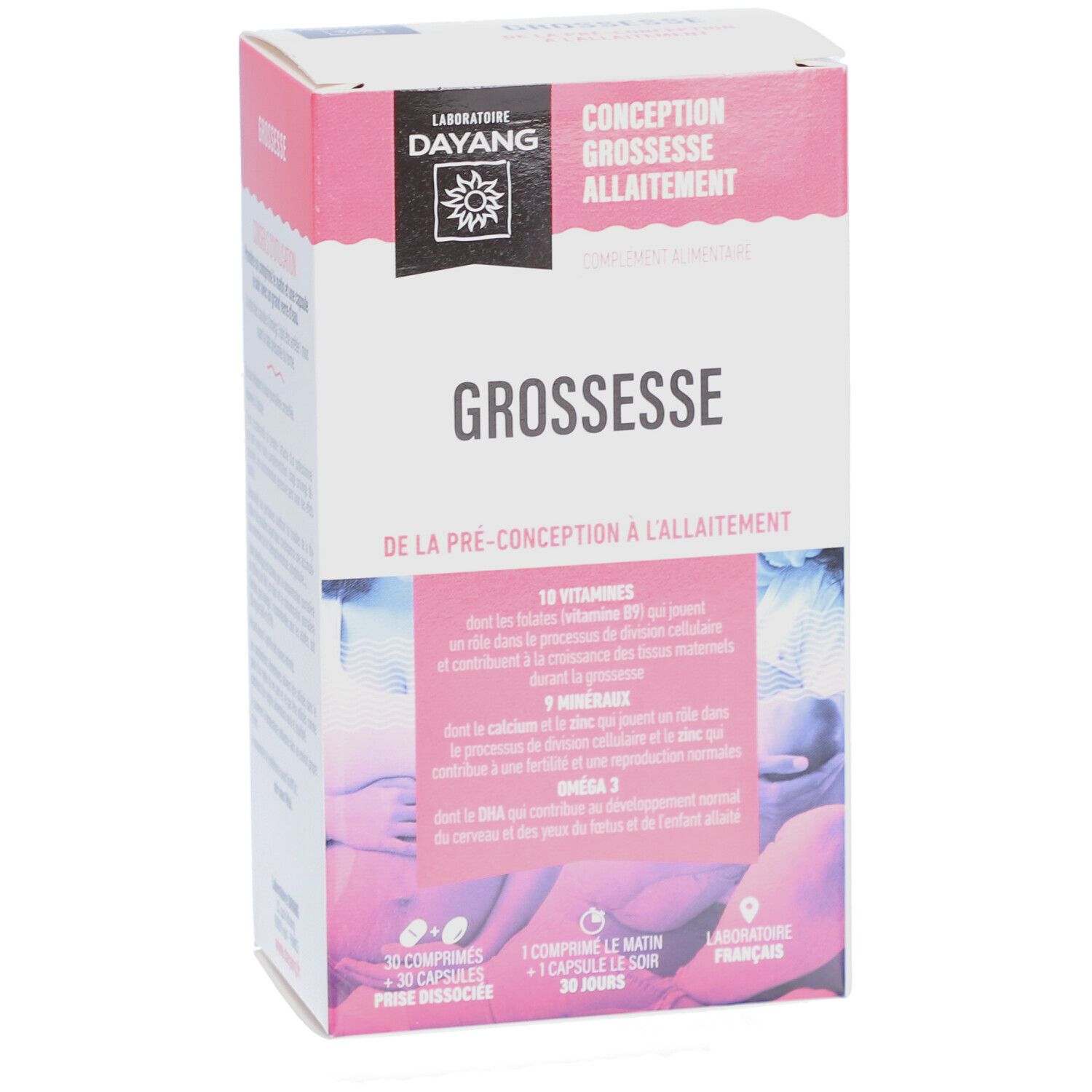 Face avant de la boîte DAYANG Grossesse 1 mois. Nom du produit et logo bien visibles.