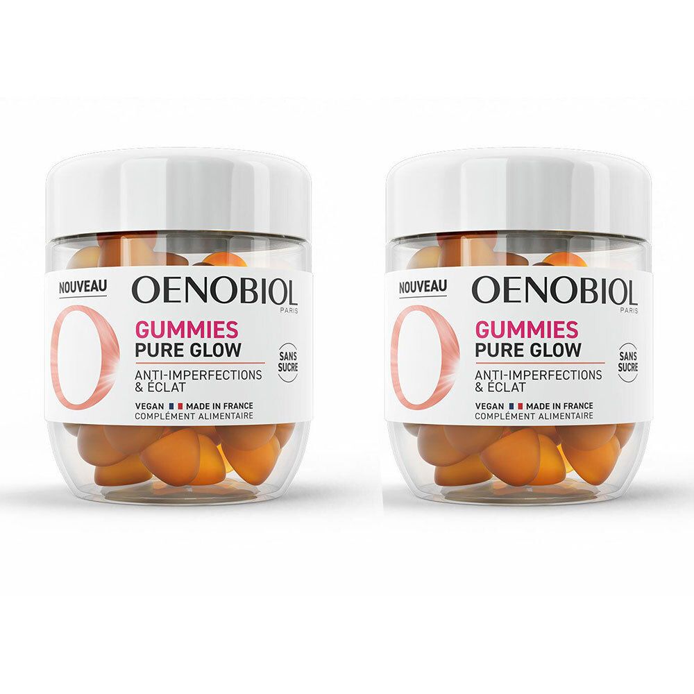 Deux pots transparents de gummies orange. Les étiquettes indiquent "OENOBIOL GUMMIES PURE GLOW ANTI-IMPERFECTIONS & ECLAT". Vegan, sans sucre, fabriqué en France.