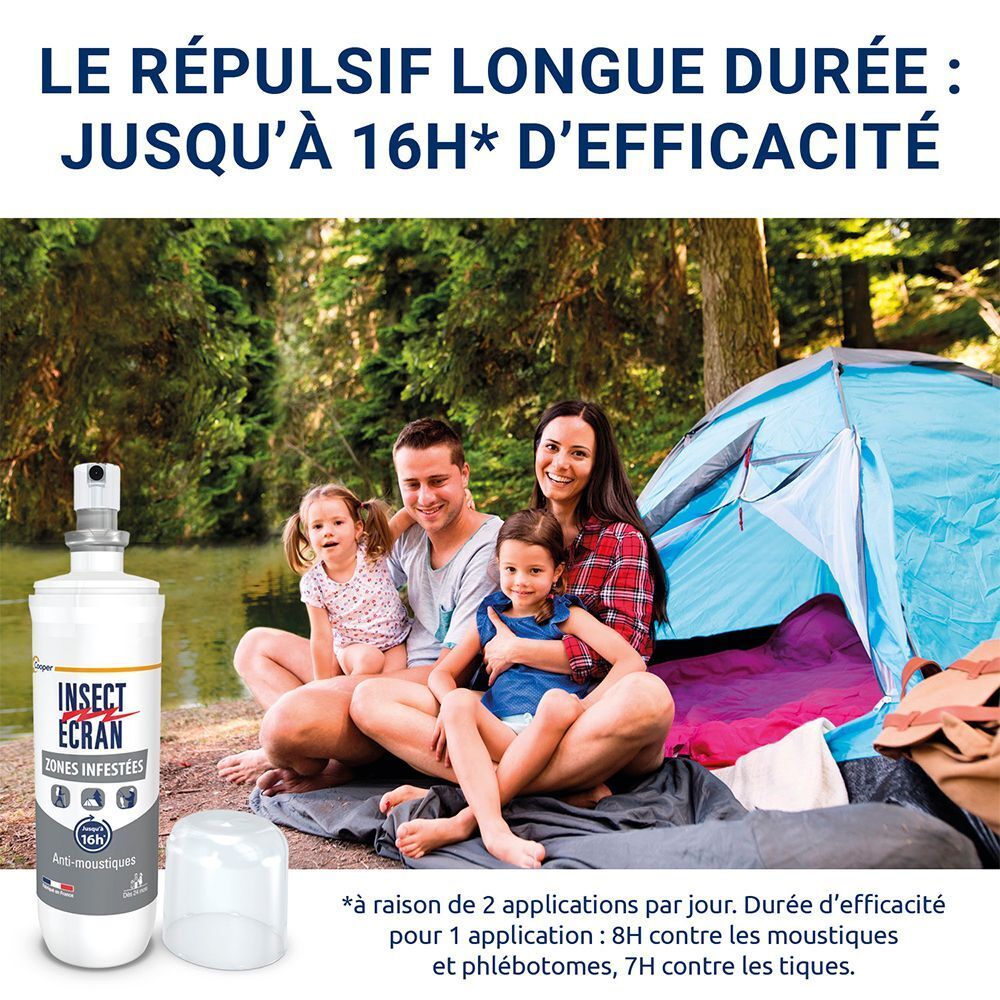 Famille au bord du lac. Flacon avec texte: INSECT ÉCRAN ZONES INFESTÉES. Jusqu'à 16H d'efficacité.