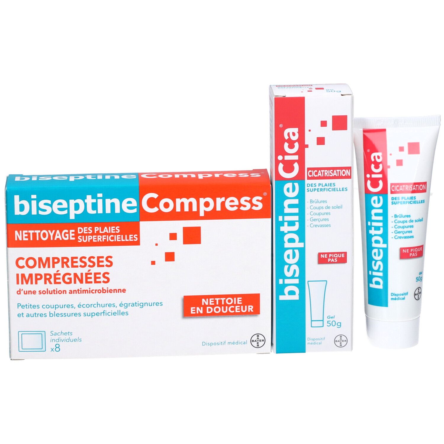 biseptineCica® Cicatrisation des Plaies Superficielles + biseptineCompress® Compresses Imprégnées Nettoyage des Plaies Superficielles