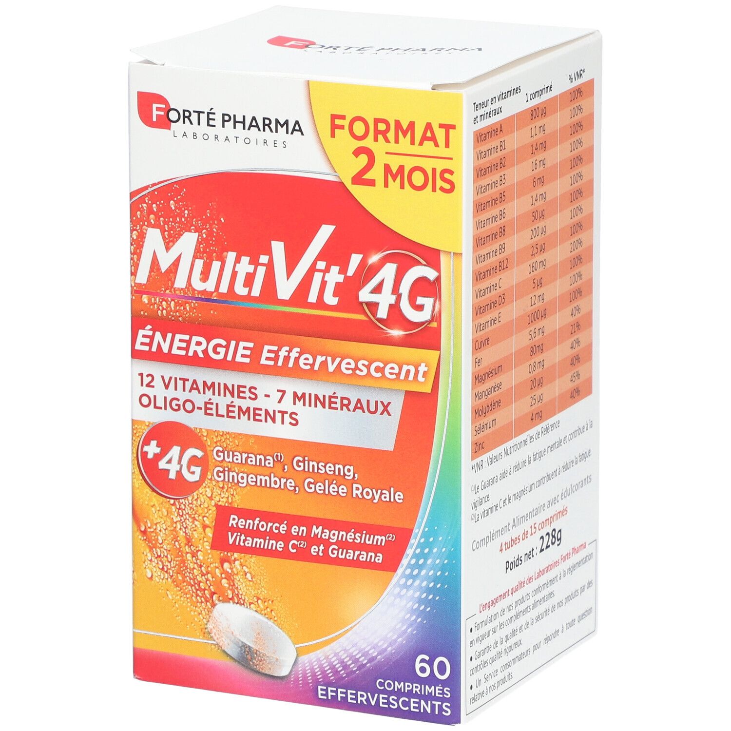 Boîte de MULTIVIT'4G ENERGIE Effervescent. Contient 60 comprimés effervescents. 12 vitamines, 7 minéraux et oligo-éléments. Marque: Forte Pharma.