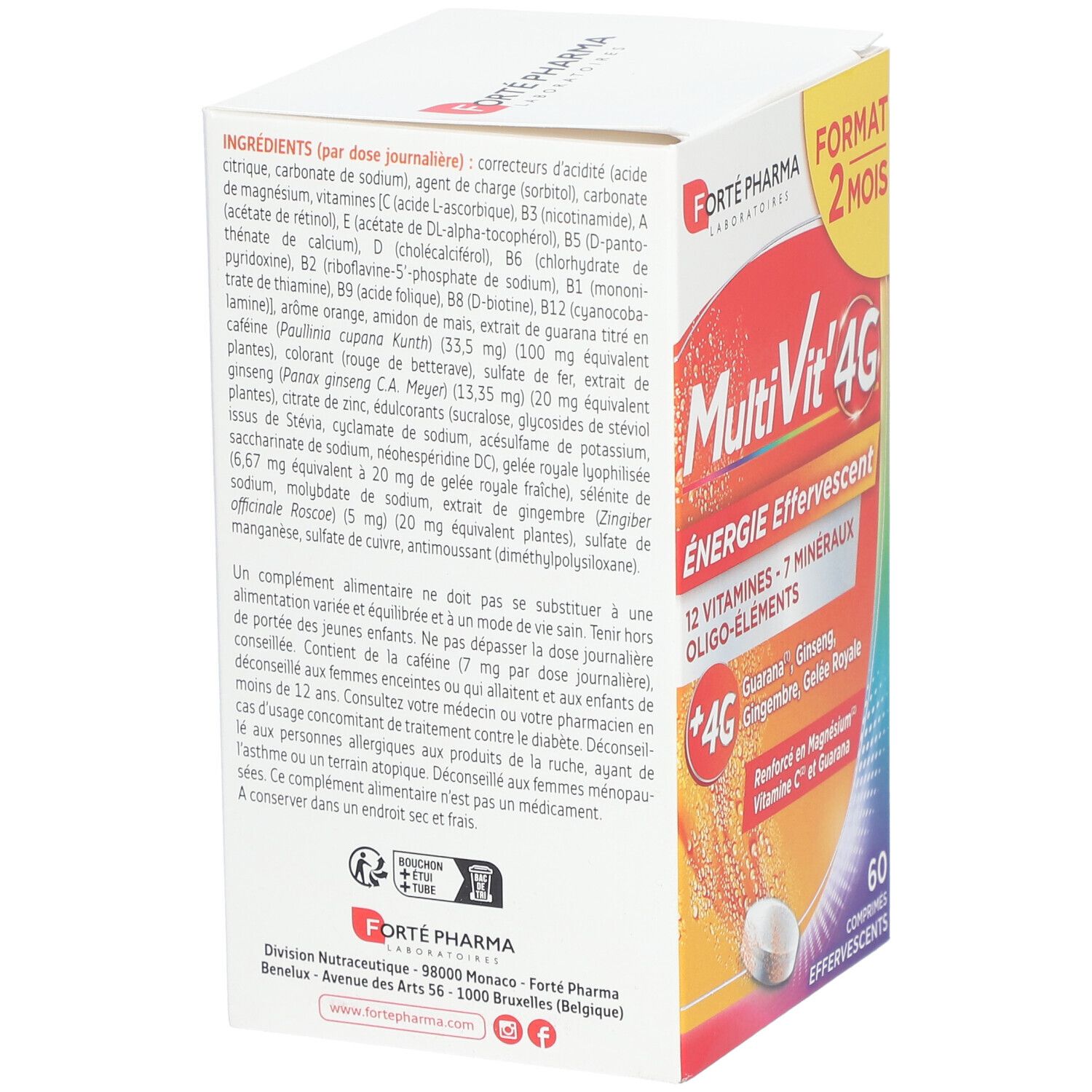 Dos de la boîte de MULTIVIT'4G ENERGIE Effervescent. Contient ingrédients, avertissements et informations sur la marque Forte Pharma.