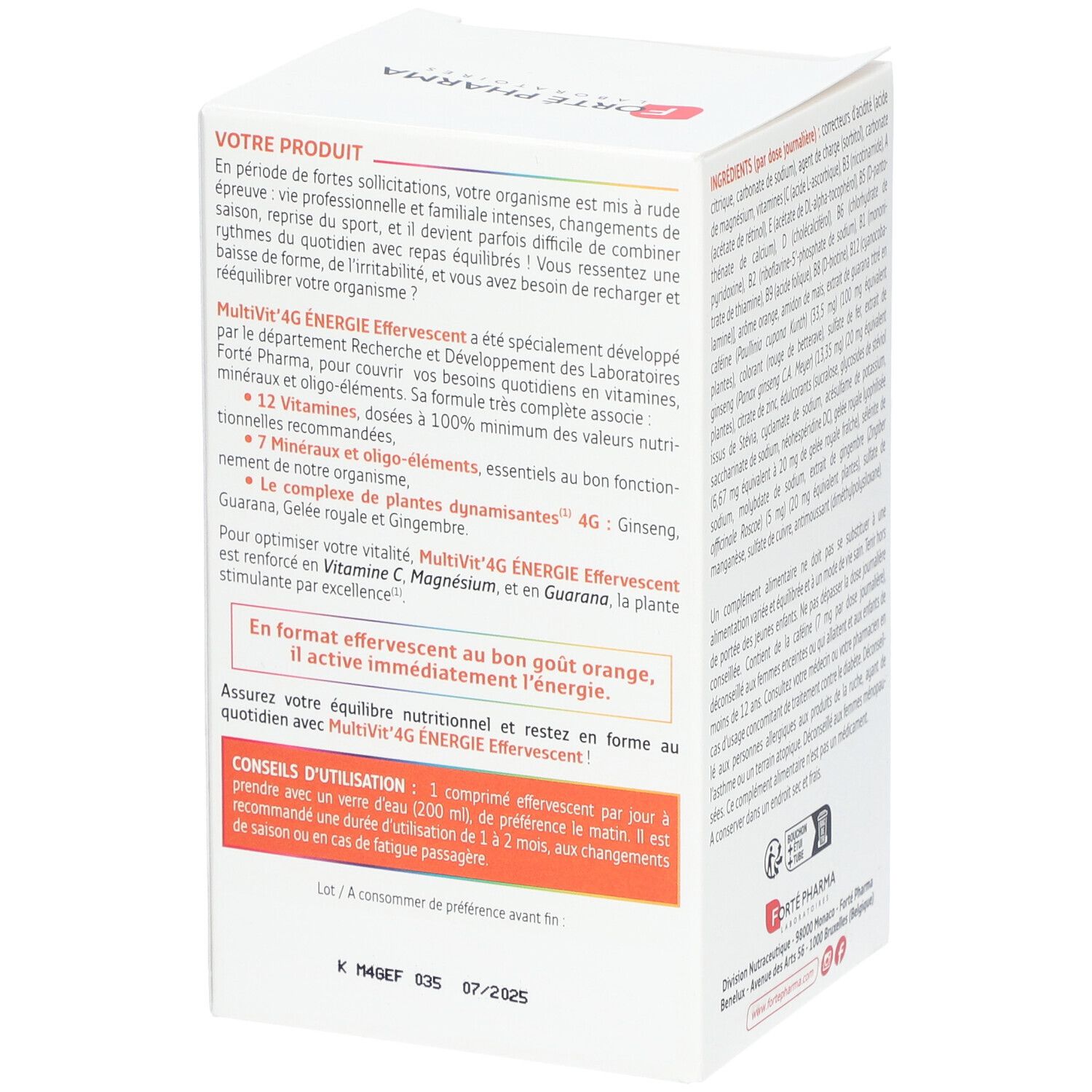 Dos de la boîte de MULTIVIT'4G ENERGIE Effervescent. Contient informations d'utilisation et sur la marque Forte Pharma.