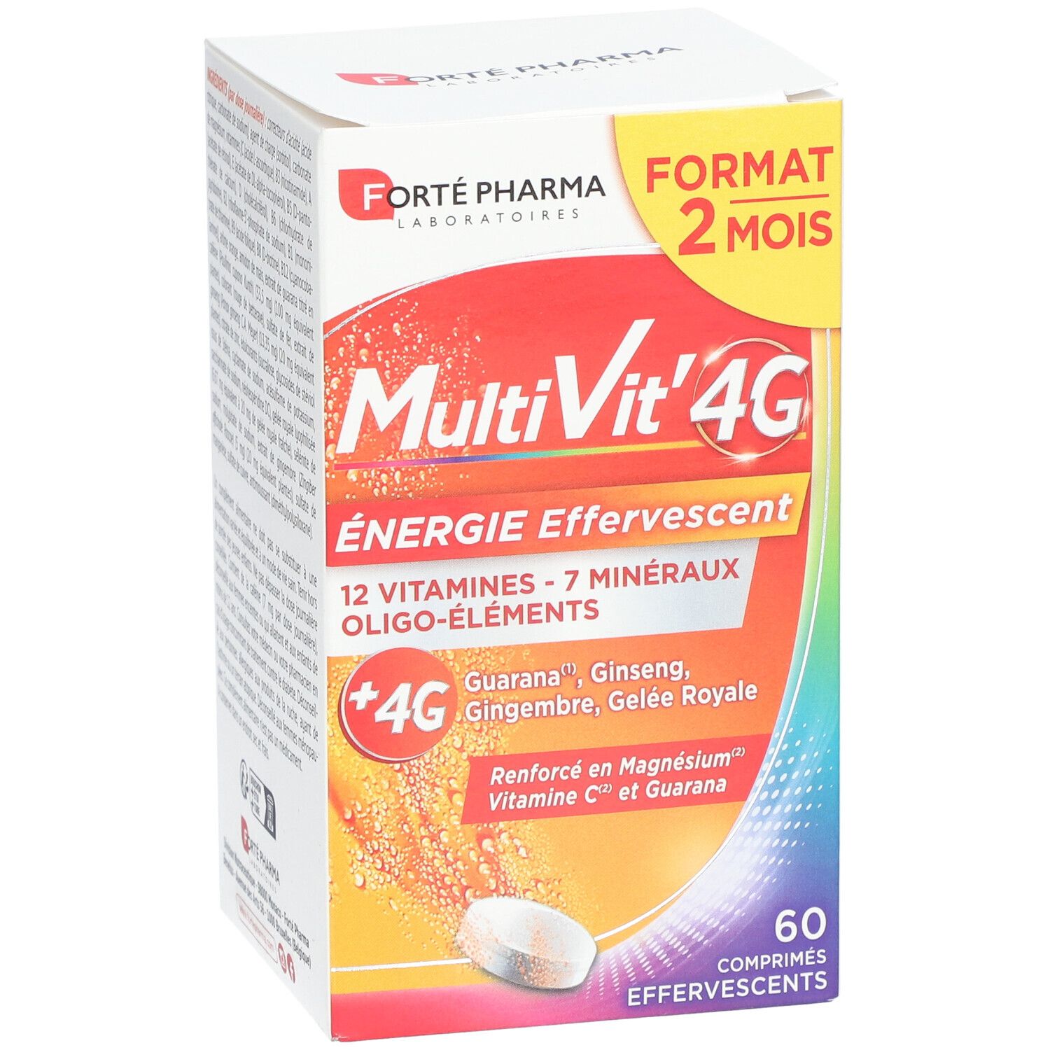 Face avant de la boîte de MULTIVIT'4G ENERGIE Effervescent. Contient 60 comprimés effervescents. Marque: Forte Pharma. 12 vitamines, 7 minéraux.