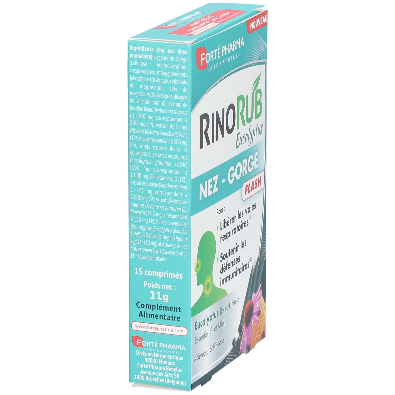 Boîte RINORUB Eucalyptus Nez-Gorge, en biais. Contient du texte en français. Marque : Forté Pharma. 15 comprimés.