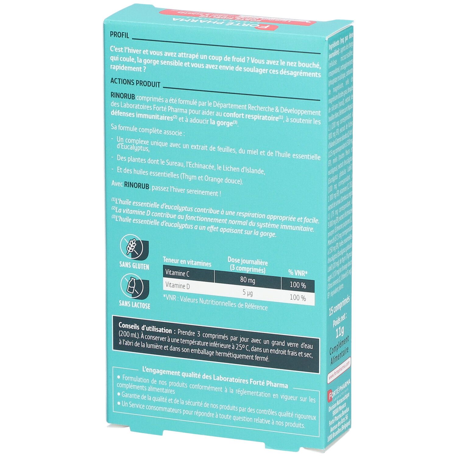 Dos de la boîte RINORUB Eucalyptus Nez-Gorge. Contient du texte en français. Marque : Forté Pharma. 15 comprimés.