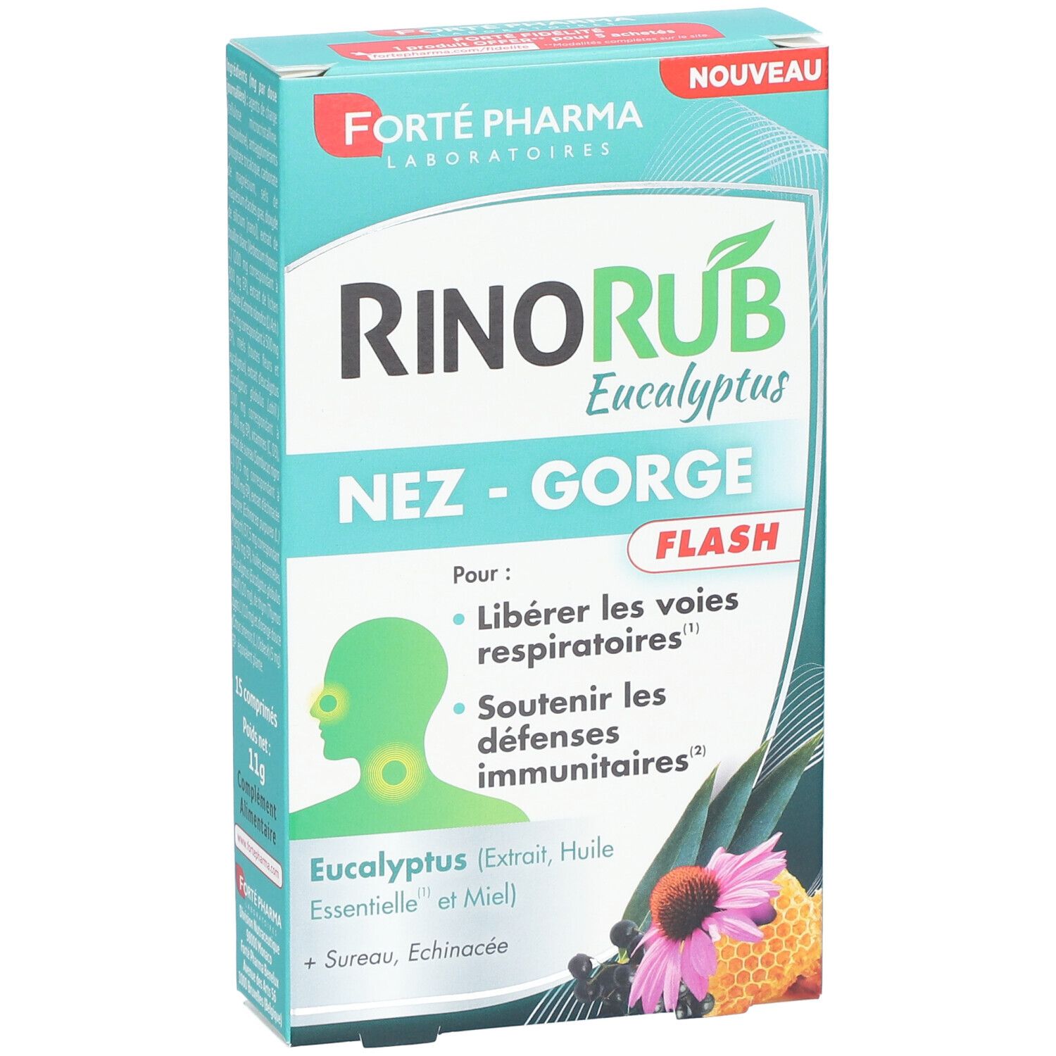 Boîte RINORUB Eucalyptus Nez-Gorge. Contient illustrations et texte en français. Marque : Forté Pharma.
