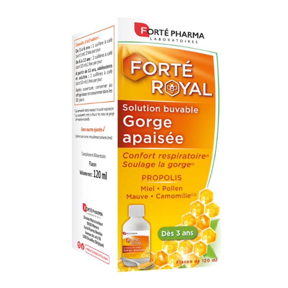 Boîte de FORTÉ ROYAL Solution buvable. Inscription: Solution buvable GORGE APAISÉE. Contient Propolis, Miel, Pollen, Mauve, Camomille.