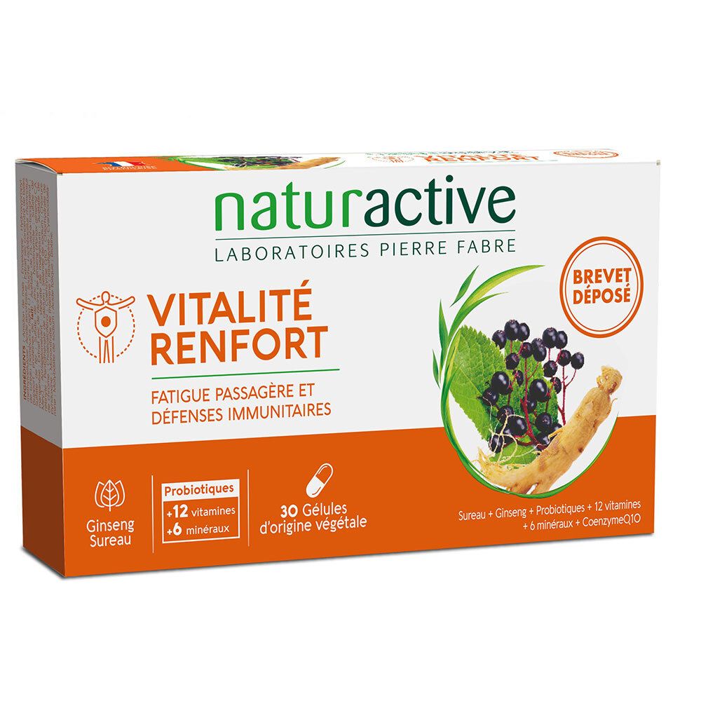 Boîte Naturactive Vitalité Renfort avec ginseng, sureau et vitamines pour le système immunitaire et la vitalité.