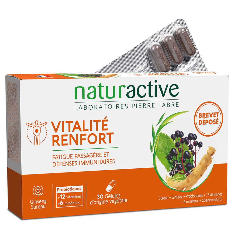 Boîte Naturactive Vitalité Renfort avec blister et gélules, pour le système immunitaire et la vitalité.