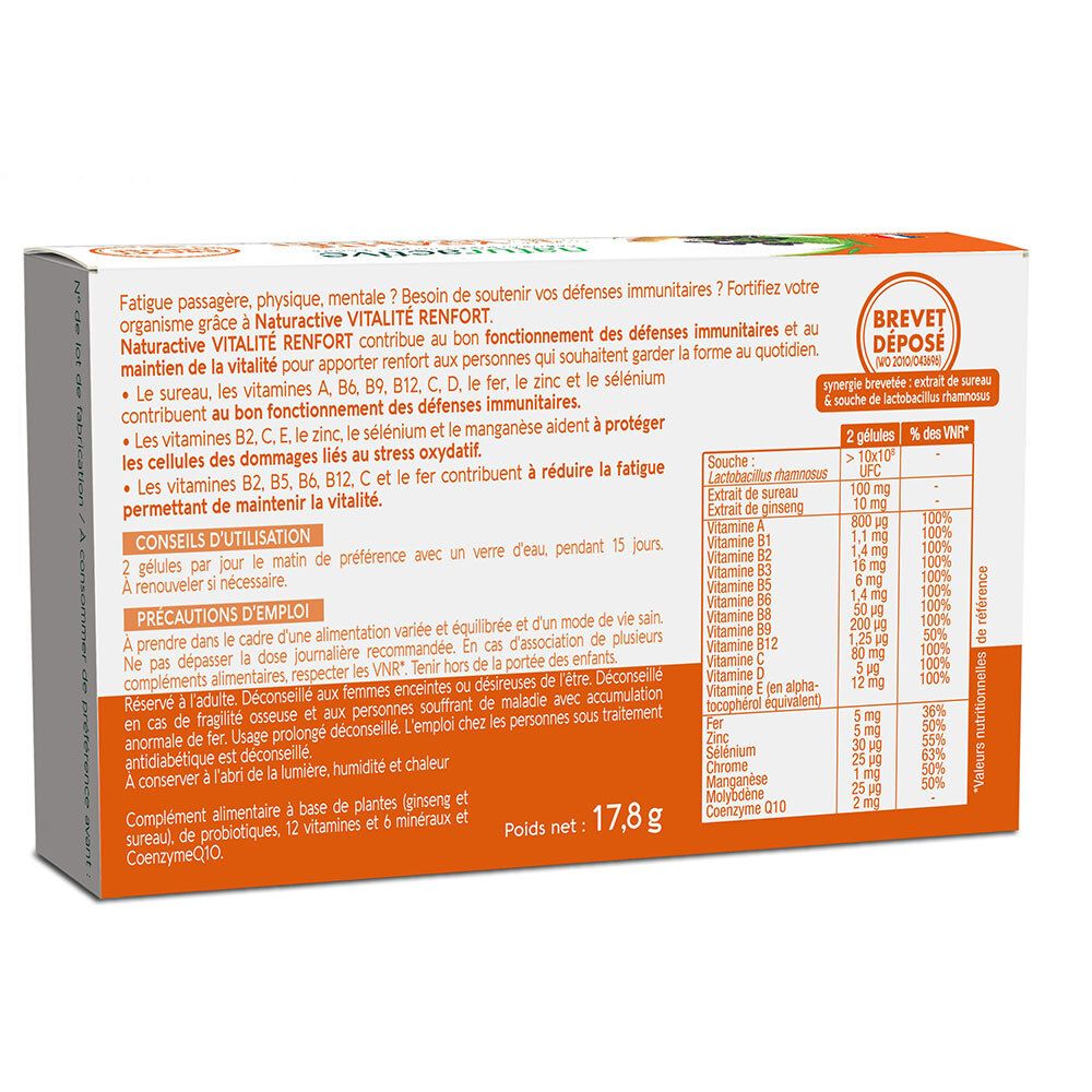 Arrière de la boîte Naturactive Vitalité Renfort avec ingrédients et instructions d'utilisation.