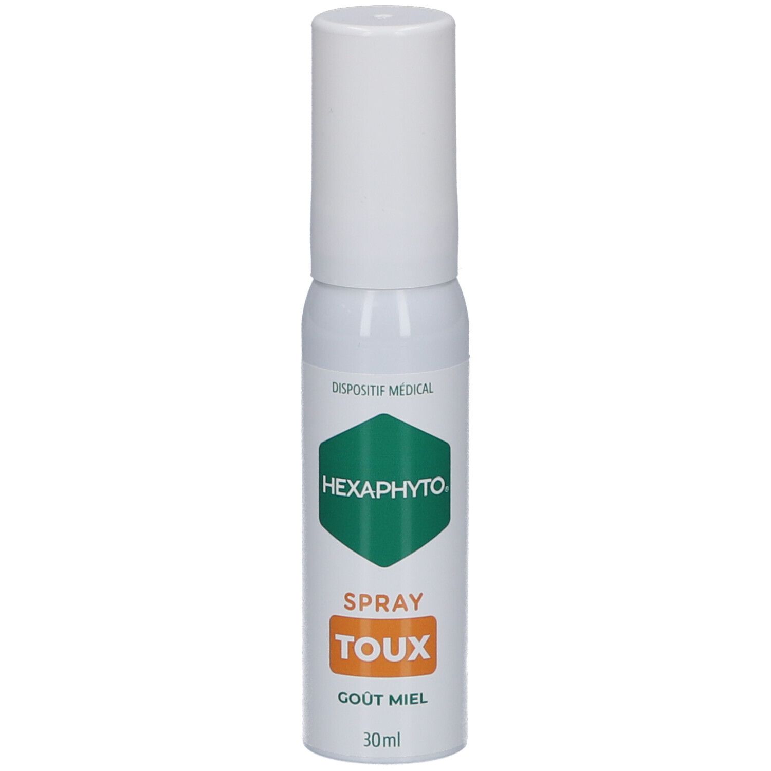 Flacon spray blanc et vert. Inscriptions: HEXAPHYTO, TOUX, GOUT MIEL, 30ml. Bouchon blanc.