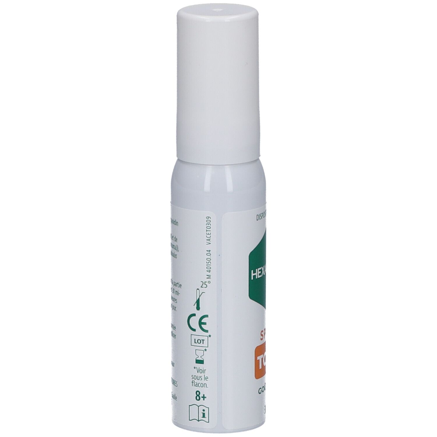 Flacon spray blanc avec inscriptions vertes et blanches. Contient le marquage CE et d'autres symboles.