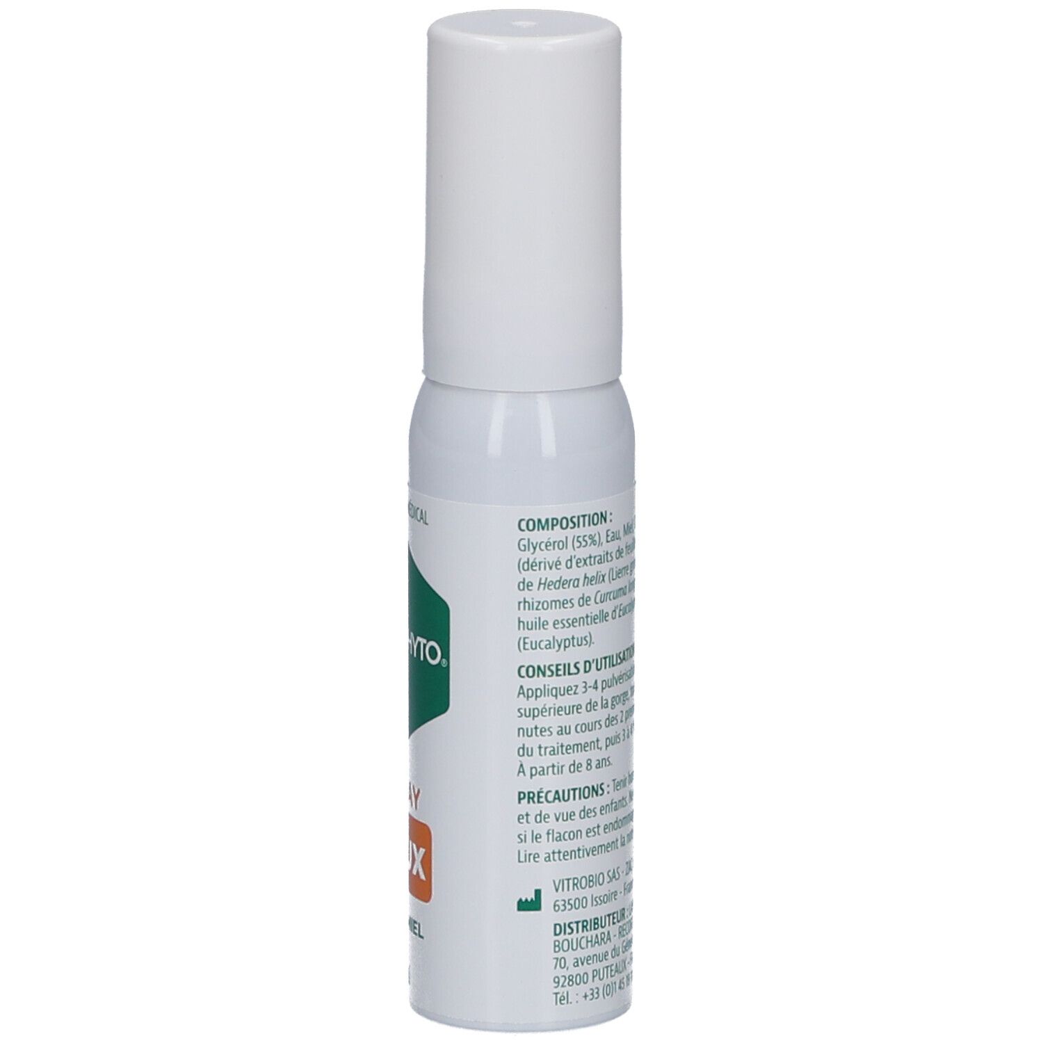 Flacon spray blanc avec texte. Contient ingrédients et instructions d'utilisation. Marquage CE.