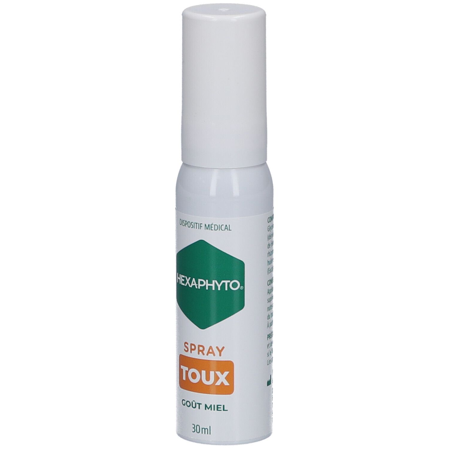 Flacon spray blanc. Inscriptions: HEXAPHYTO, TOUX, GOUT MIEL, 30ml. Logo vert.