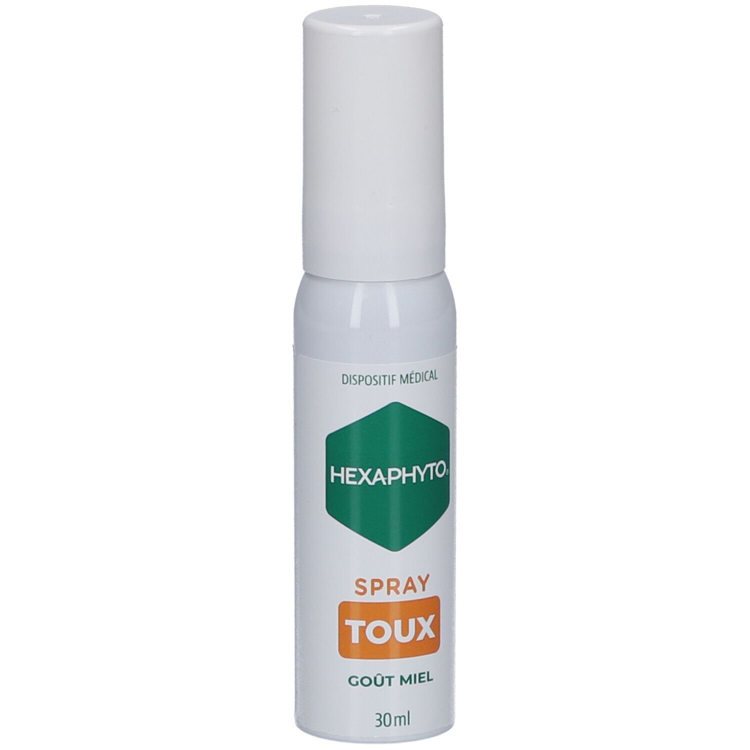 Flacon spray blanc. Inscriptions: HEXAPHYTO, TOUX, GOUT MIEL, 30ml. Logo vert.