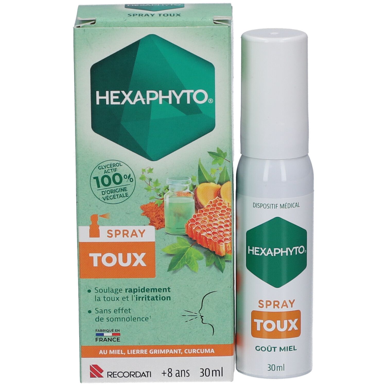 Emballage et flacon spray. Inscriptions: HEXAPHYTO, TOUX, 30ml. Boîte avec ingrédients.