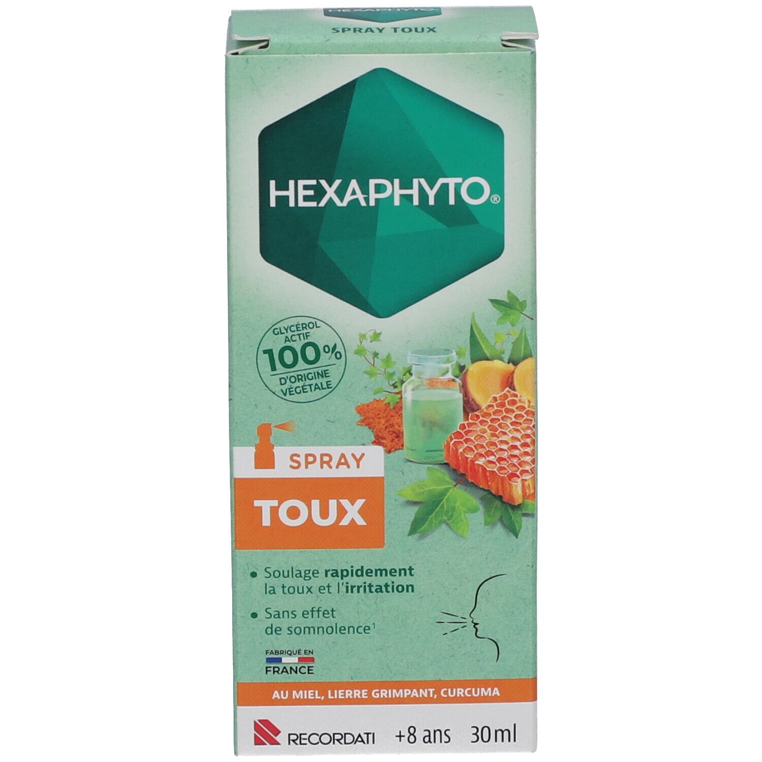 Emballage du produit. Inscriptions: HEXAPHYTO, TOUX, 30ml. Boîte avec ingrédients et logo.