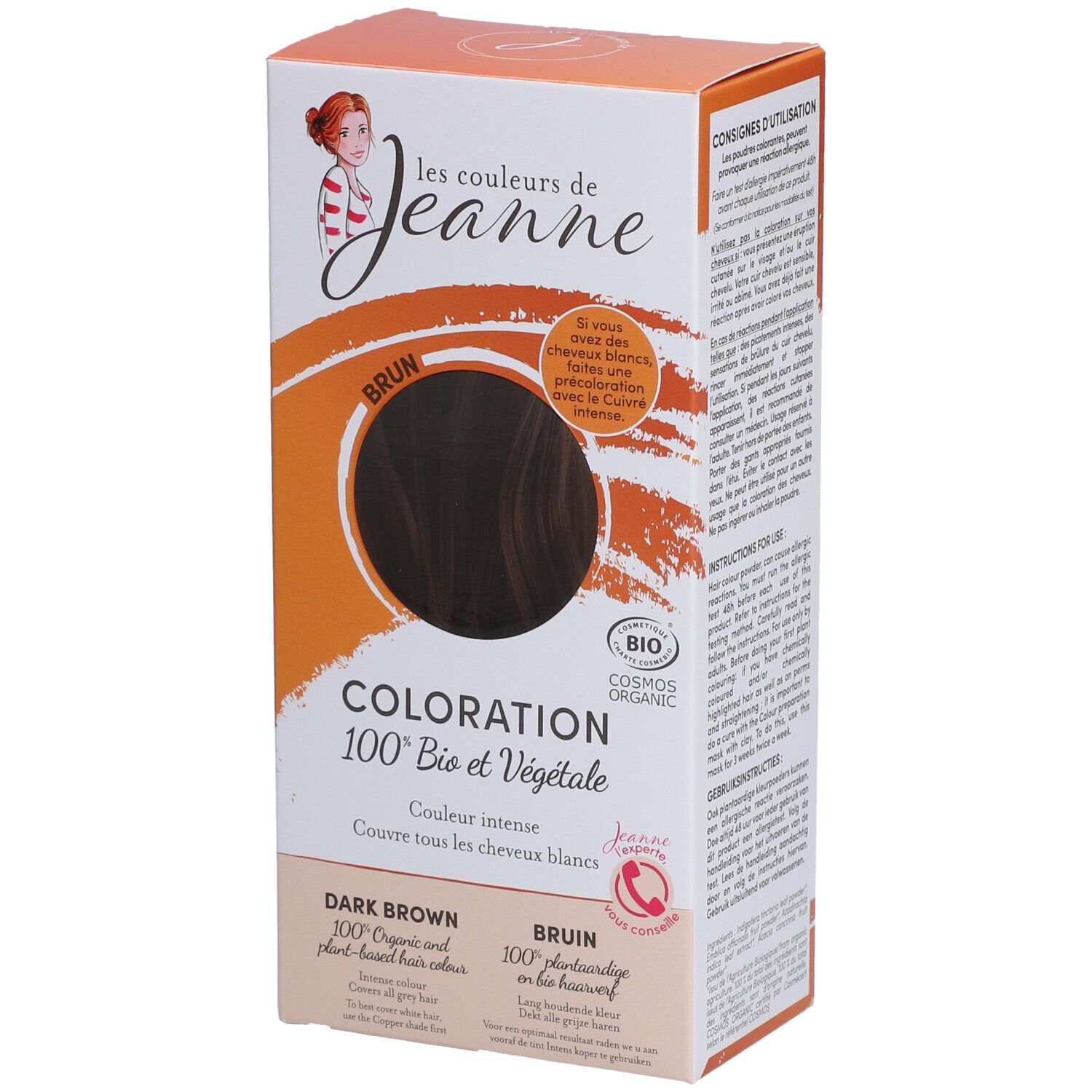 Boîte de Les Couleurs de Jeanne Coloration Brun. Coloration brun foncé 100 % végétale. Certifiée bio.