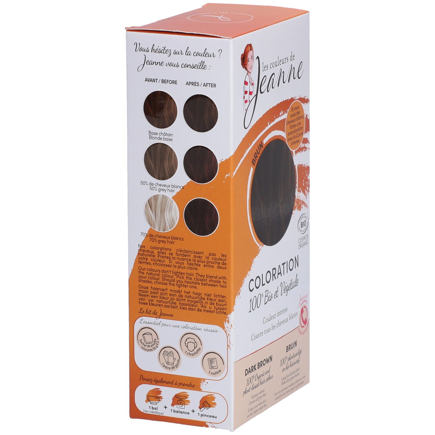 Boîte Les Couleurs de Jeanne Coloration Brun. Vue latérale avec exemples de couleurs et informations produit.