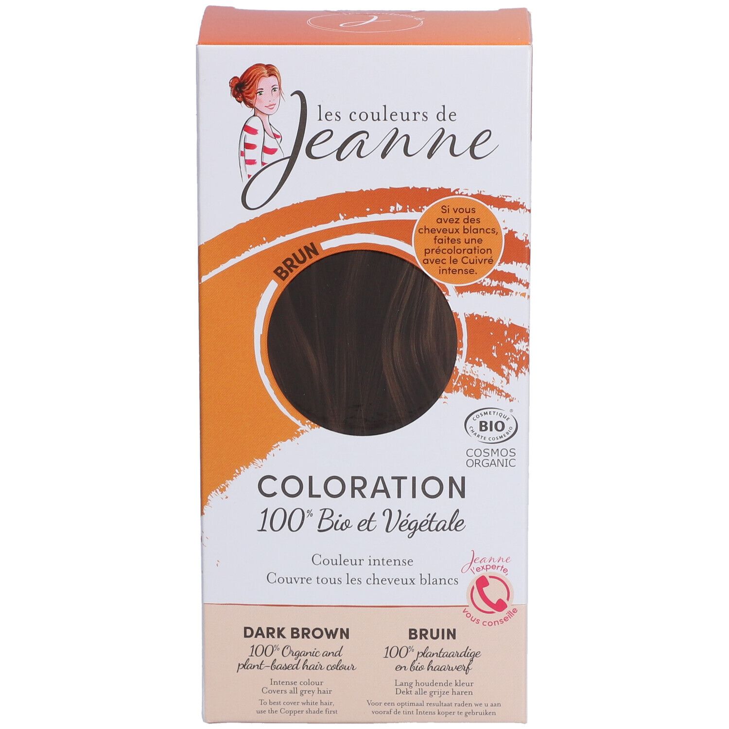 Face avant de la boîte Les Couleurs de Jeanne Coloration Brun. Coloration brun foncé 100 % végétale.