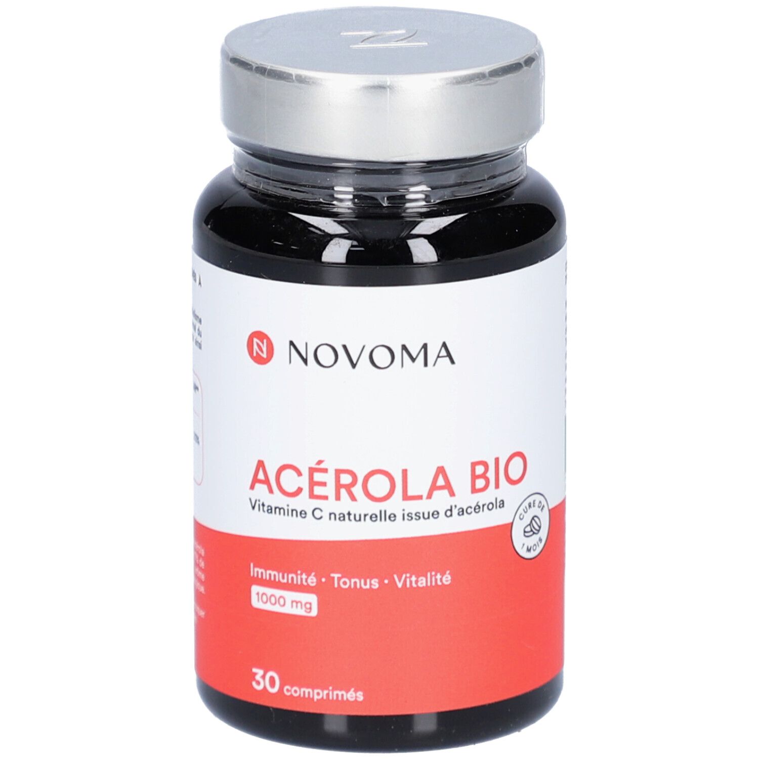 Flacon noir NOVOMA ACÉROLA BIO. Étiquette rouge avec texte. 30 comprimés. Bouchon argenté.