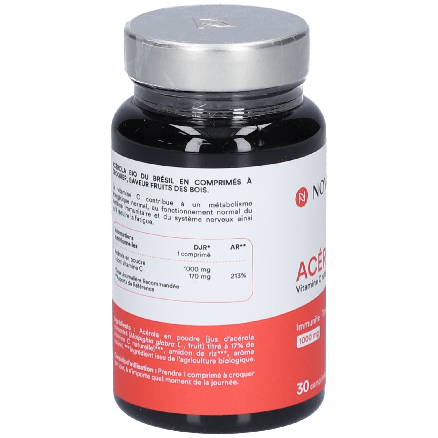 Flacon noir NOVOMA ACÉROLA BIO. Texte sur étiquette rouge. Bouchon argenté. Liste des ingrédients.