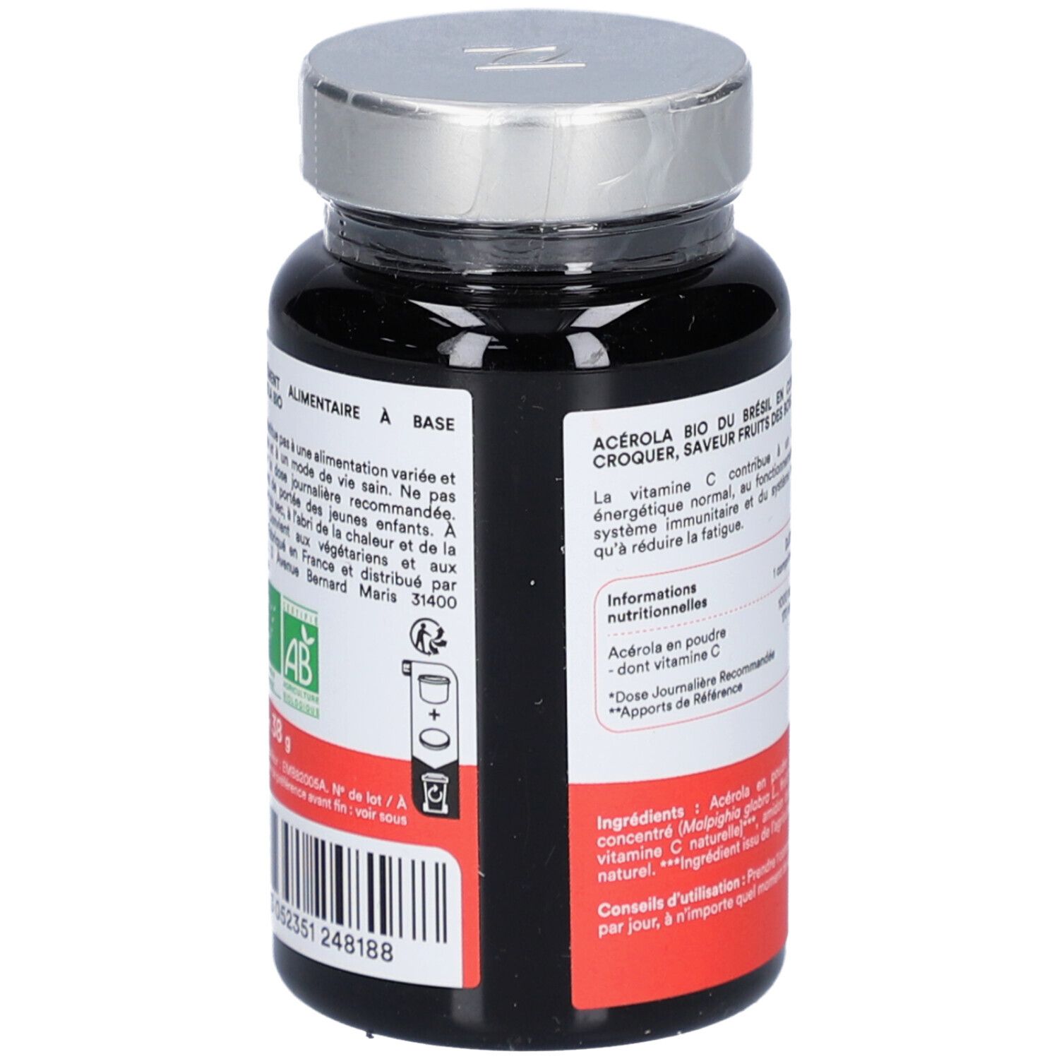 Flacon noir NOVOMA ACÉROLA BIO. Texte sur étiquette rouge. Bouchon argenté. Logo AB bio.