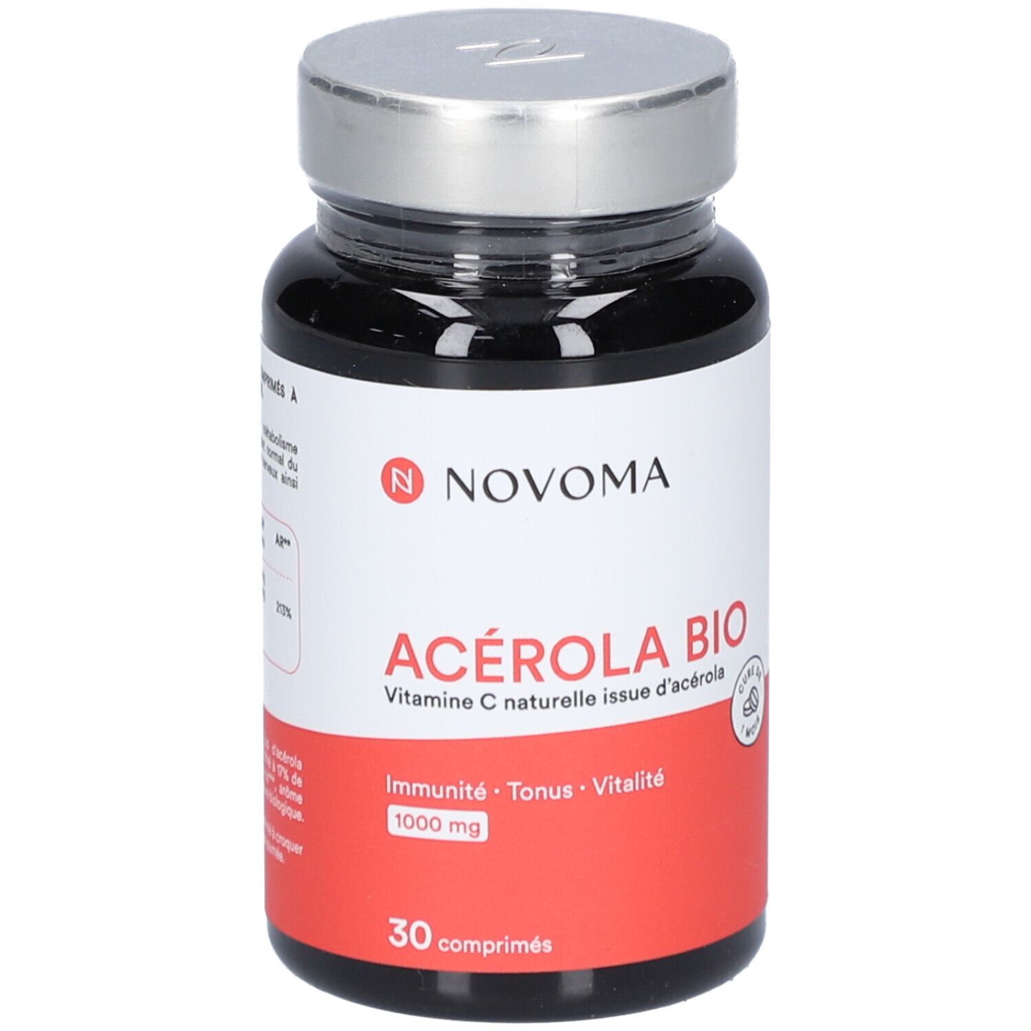 Flacon noir NOVOMA ACÉROLA BIO. Étiquette rouge avec texte. Bouchon argenté. 30 comprimés.