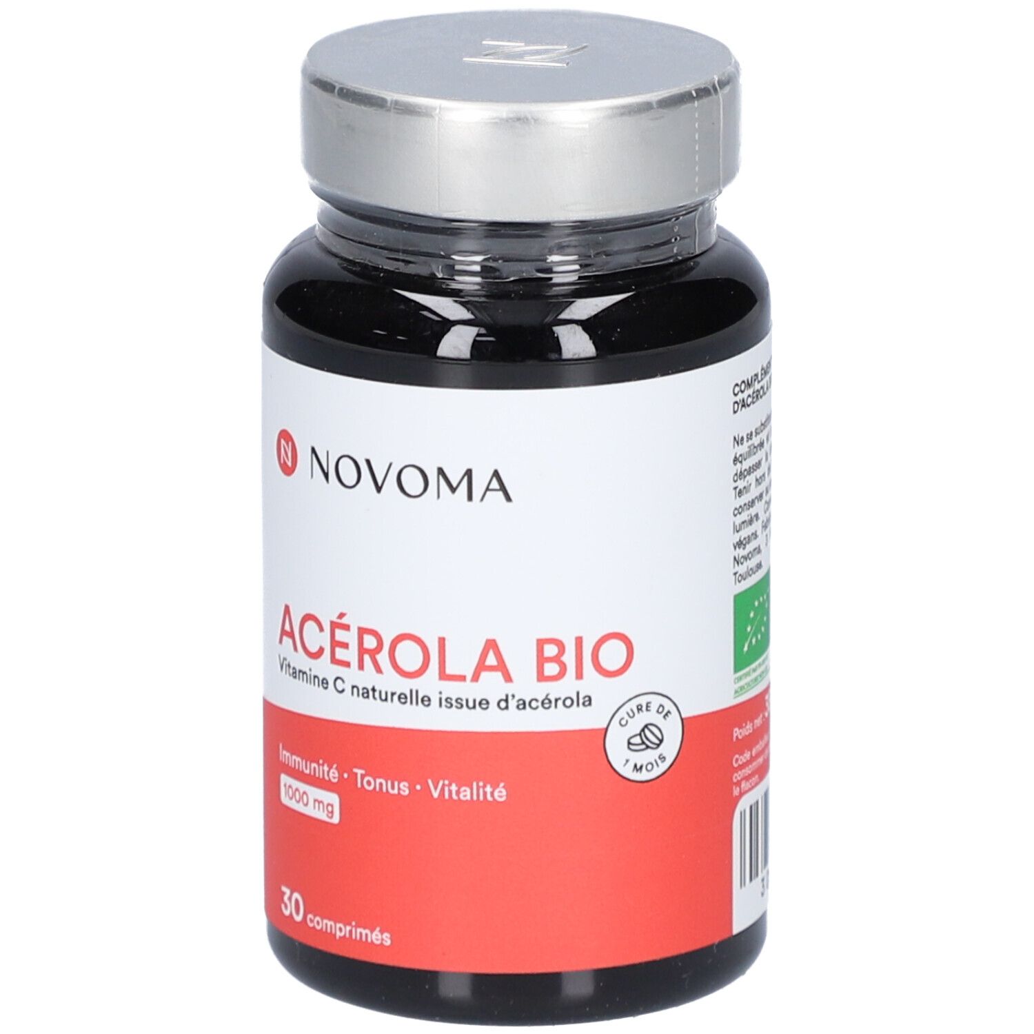 Flacon noir NOVOMA ACÉROLA BIO. Étiquette rouge avec texte. Bouchon argenté. Logo AB bio.