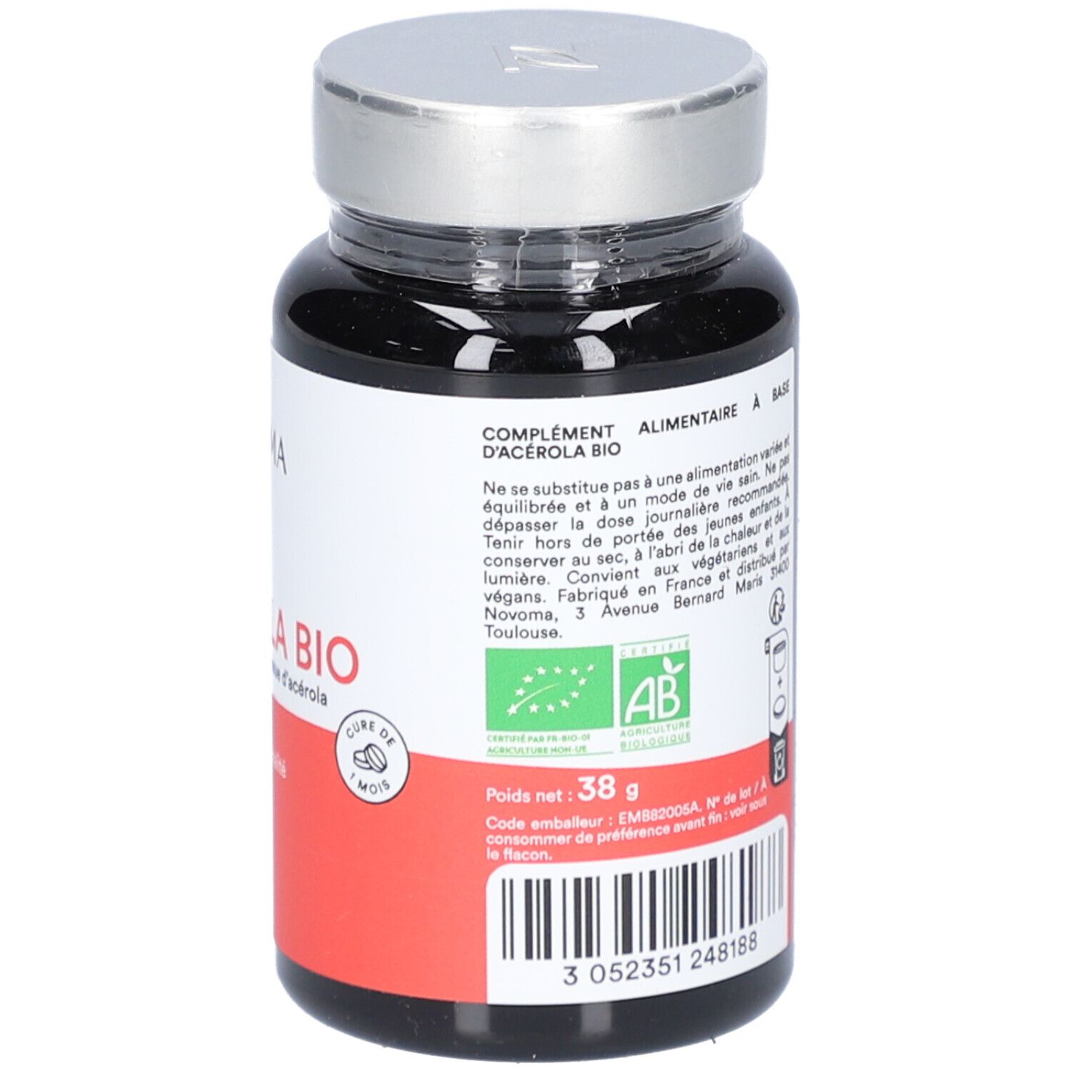 Flacon noir NOVOMA ACÉROLA BIO. Étiquette rouge avec texte. Bouchon argenté. Logo AB bio. 38g.