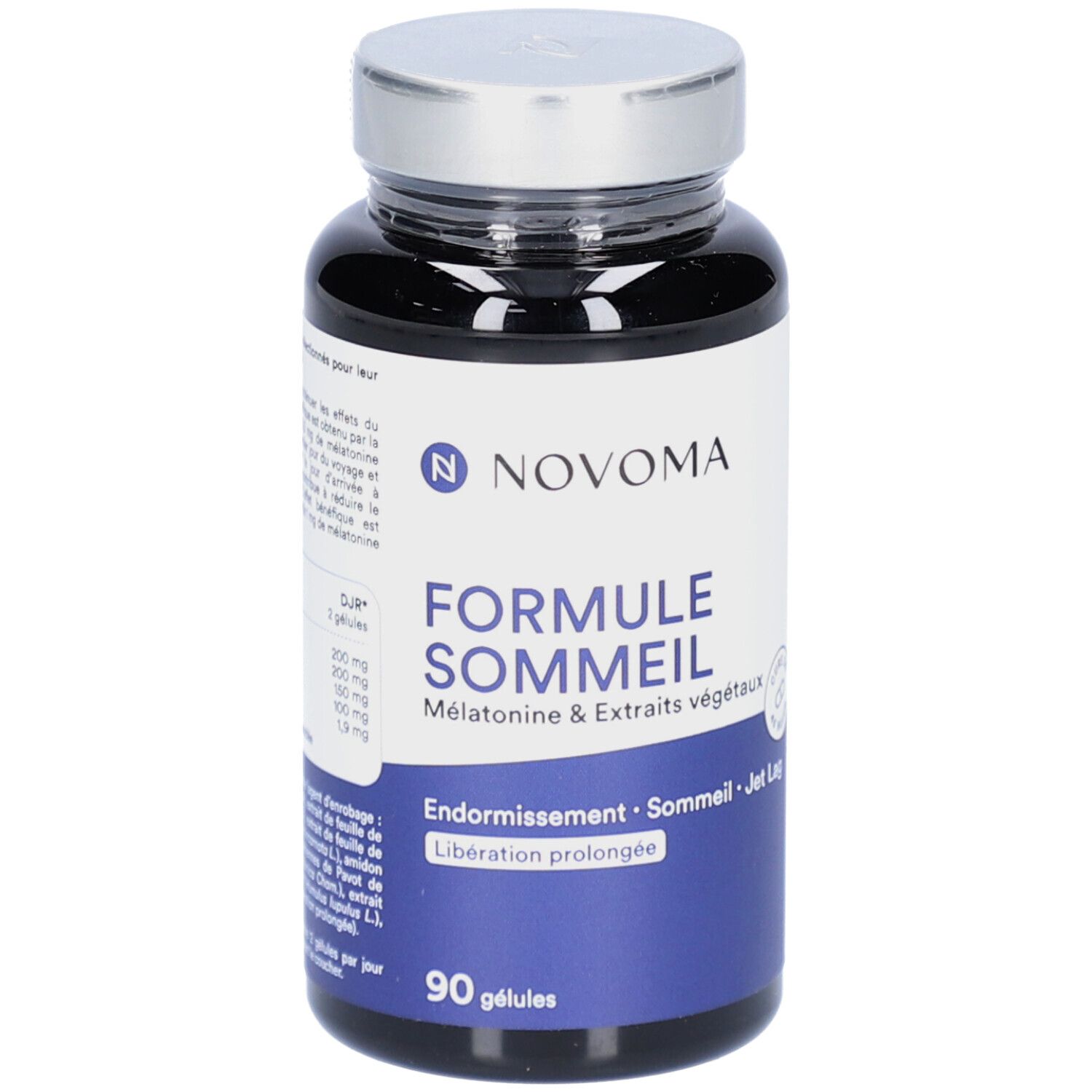Flacon noir avec bouchon argenté. Inscription FORMULE SOMMEIL, 90 gélules. Marque NOVOMA.
