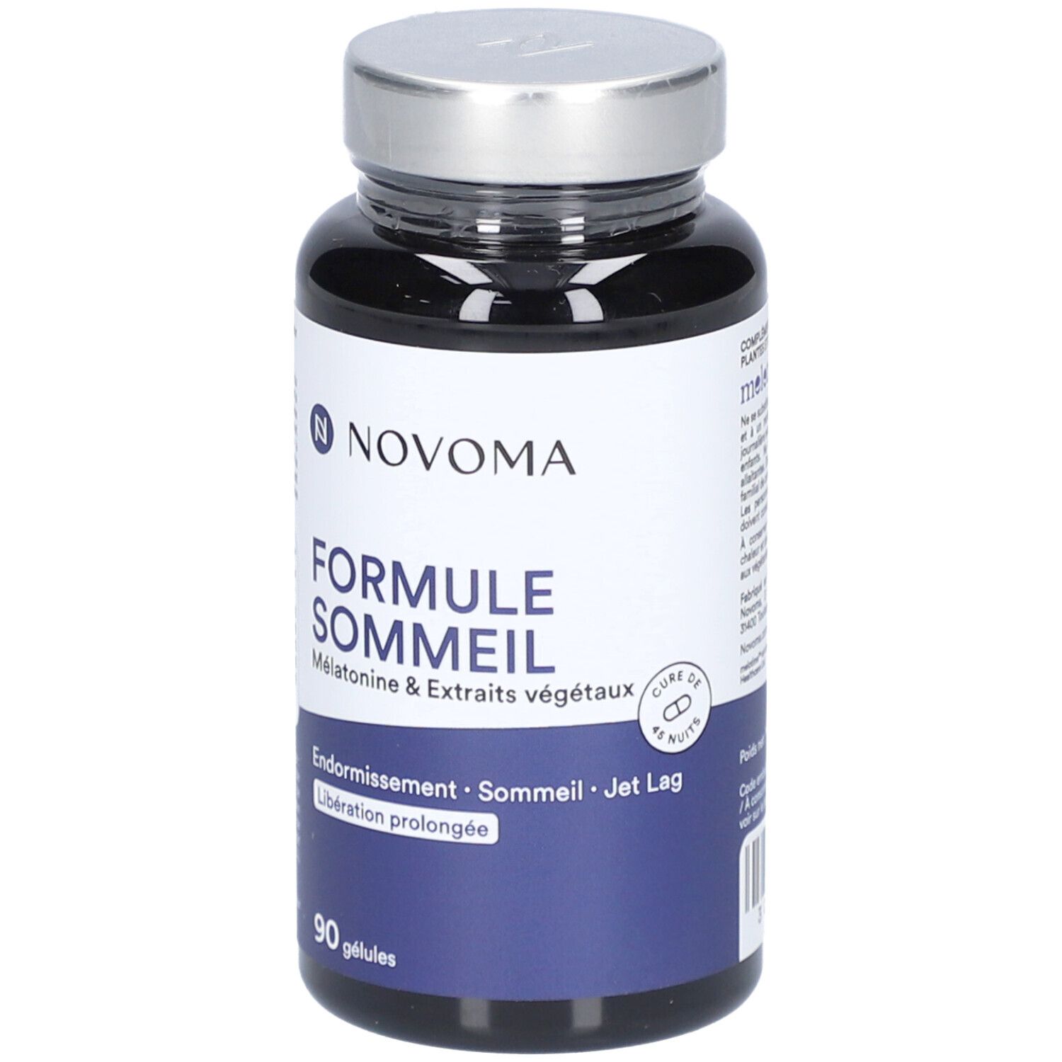 Flacon noir avec bouchon argenté. Inscription FORMULE SOMMEIL, 90 gélules. Marque NOVOMA.