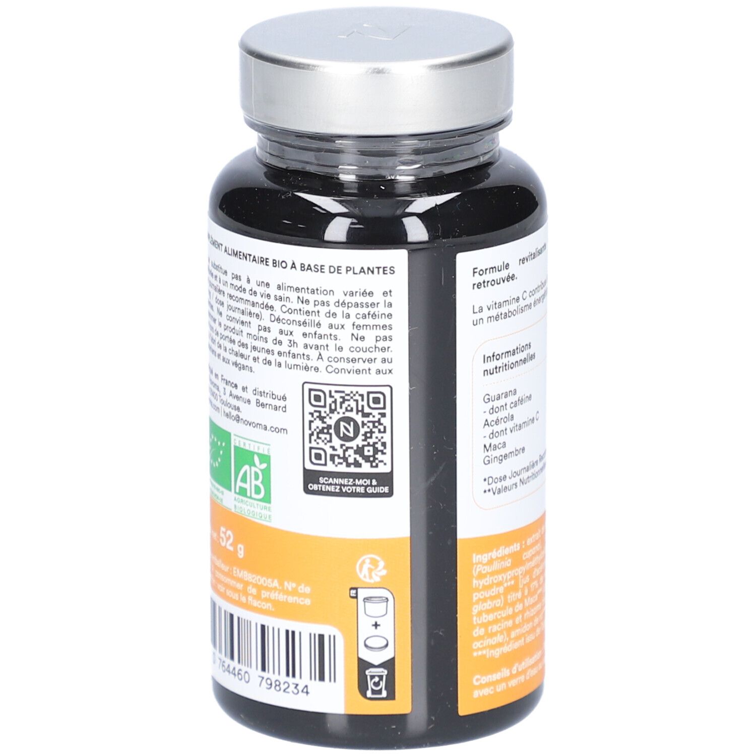 Dos du flacon. Contient des informations, un code QR et une certification bio. Marque NOVOMA. 52g.